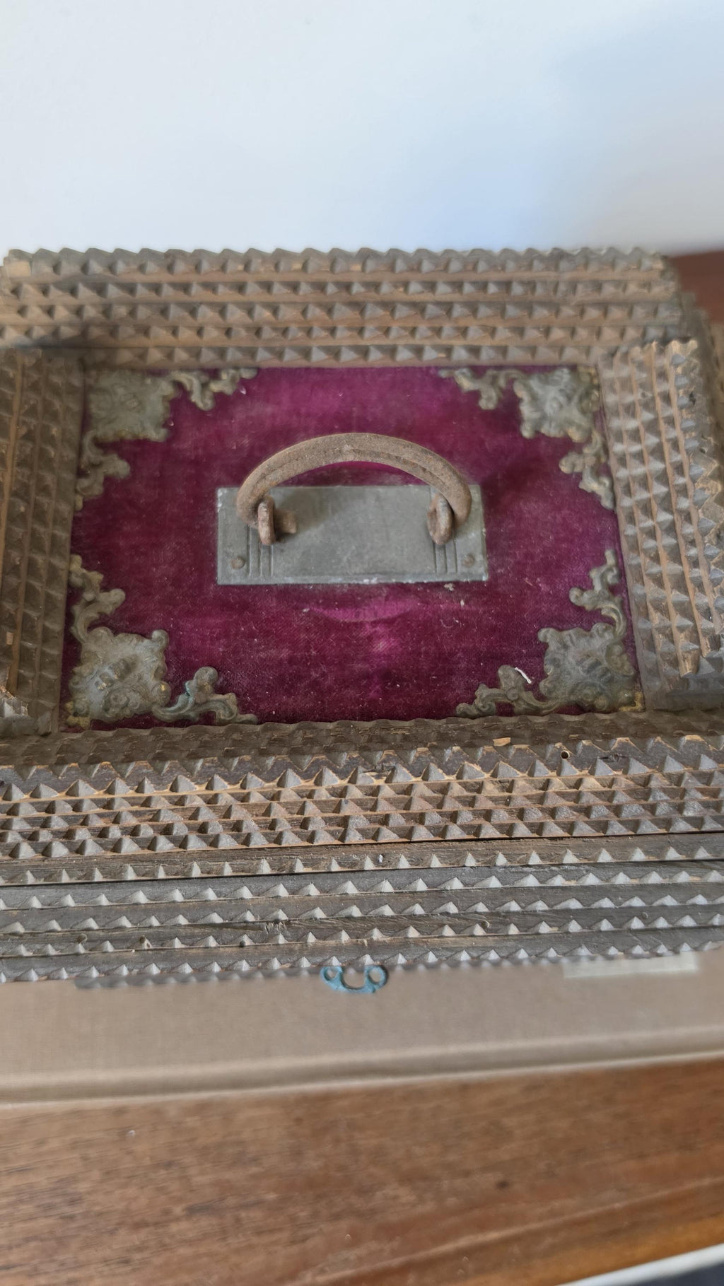 Antique Tramp Art Jewelry Box, Hand Carved Folk Art Wood Box with Velvet Interior Mirror, Primitive Storage Chest