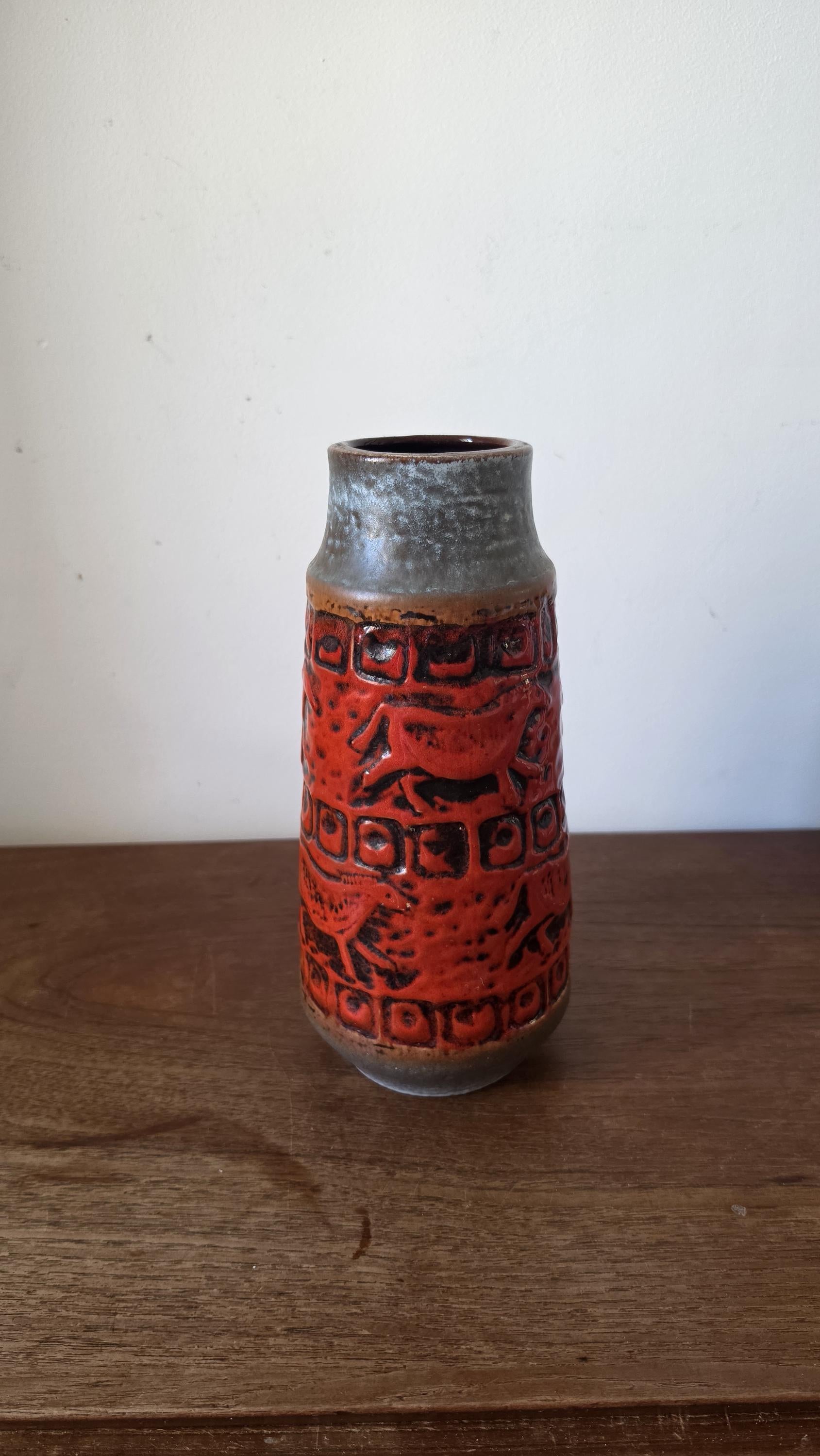 Carstens Tonnieshof Vase West Germany, Prehistoric Animal Relief Vase, Vintage 60s 70s WGP Red Lava Ceramic