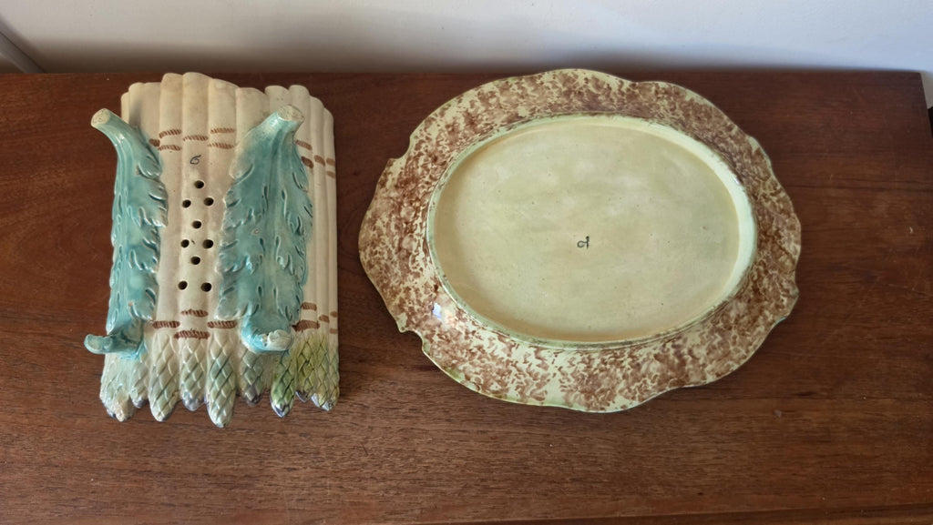 Auntique Majolica Asparagus Server Set, Ceramic Drainer & Platter, French Country Kitchen, Green Glaze Serving Dish