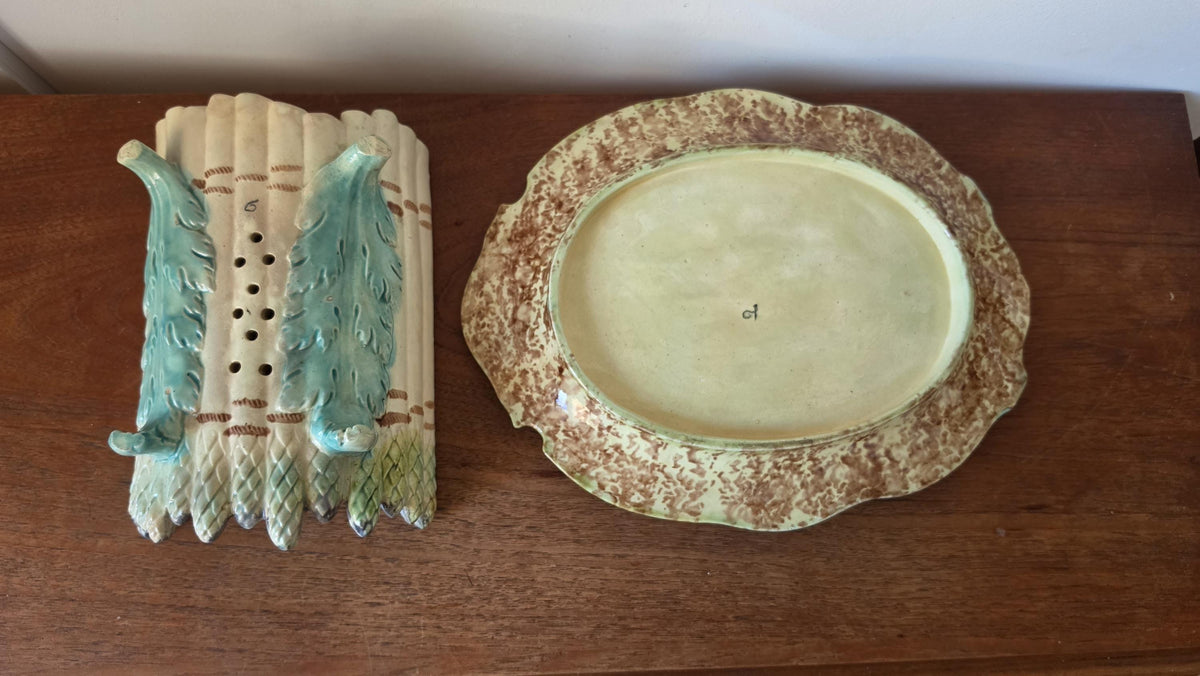 Auntique Majolica Asparagus Server Set, Ceramic Drainer & Platter, French Country Kitchen, Green Glaze Serving Dish