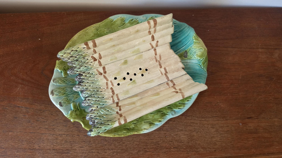 Auntique Majolica Asparagus Server Set, Ceramic Drainer & Platter, French Country Kitchen, Green Glaze Serving Dish