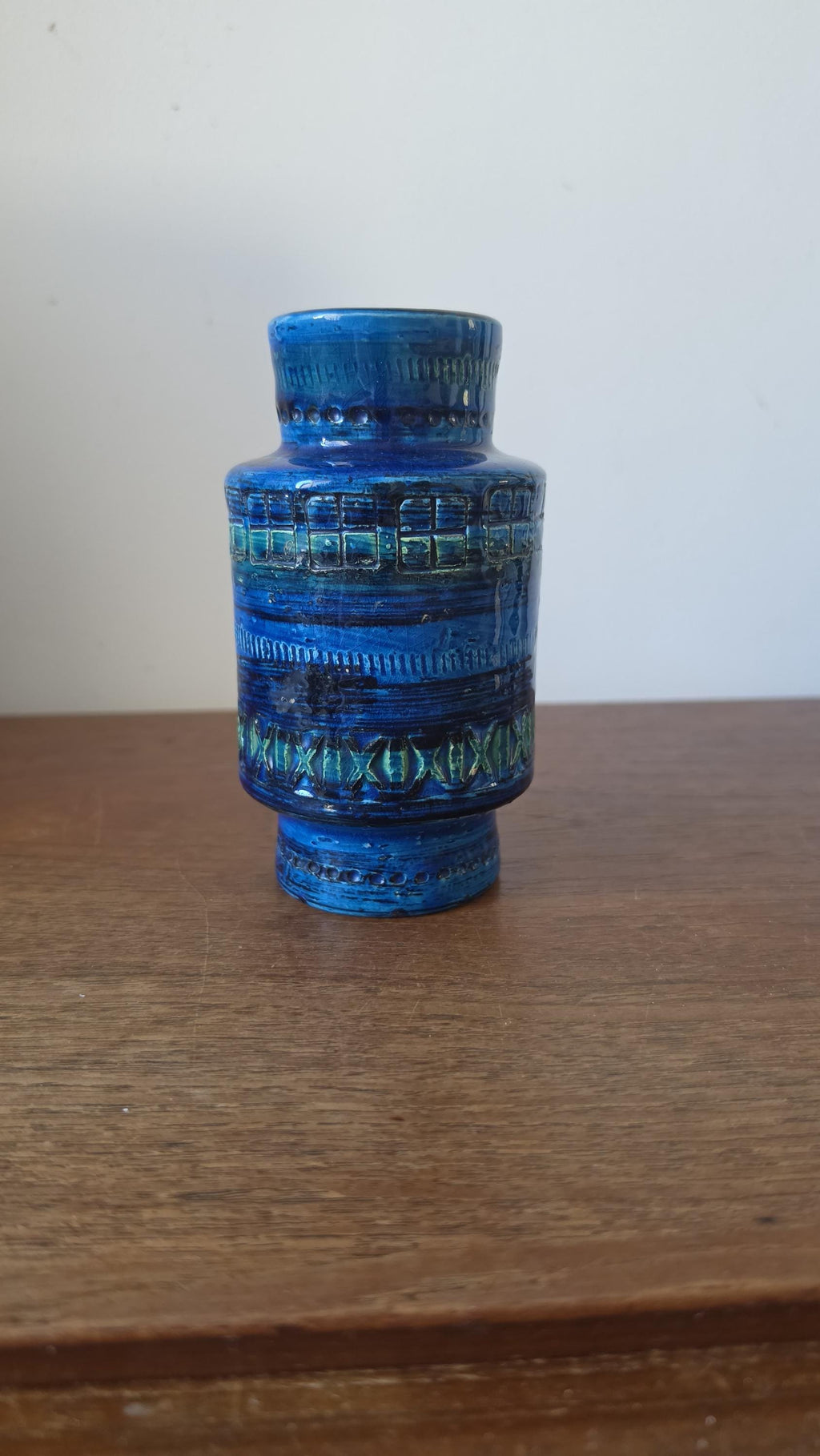 Bitossi Rimini Blu Vase, Italian Mid Century Modern Ceramic, Aldo Londi Style, Blue Geometric Pottery, 1960s Italy