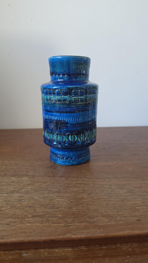 Bitossi Rimini Blu Vase, Italian Mid Century Modern Ceramic, Aldo Londi Style, Blue Geometric Pottery, 1960s Italy
