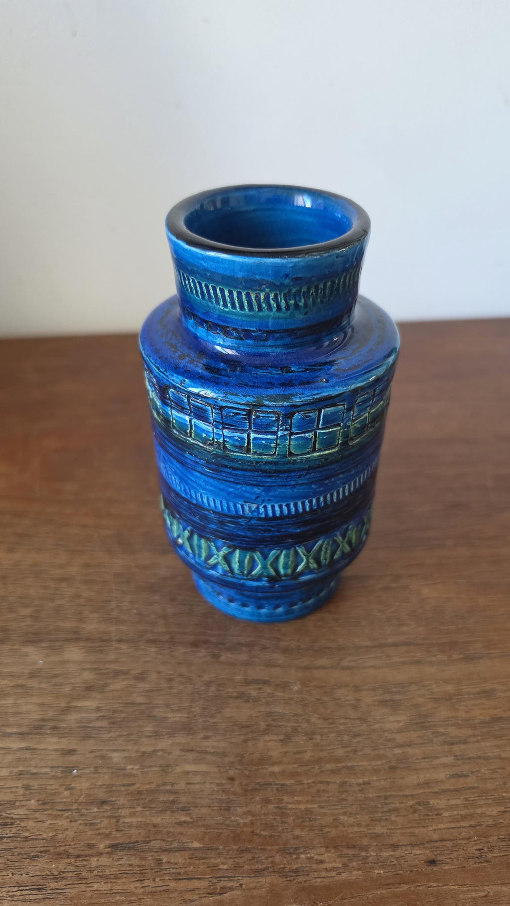 Bitossi Rimini Blu Vase, Italian Mid Century Modern Ceramic, Aldo Londi Style, Blue Geometric Pottery, 1960s Italy