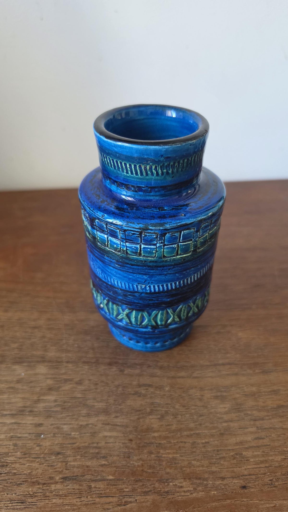 Bitossi Rimini Blu Vase, Italian Mid Century Modern Ceramic, Aldo Londi Style, Blue Geometric Pottery, 1960s Italy