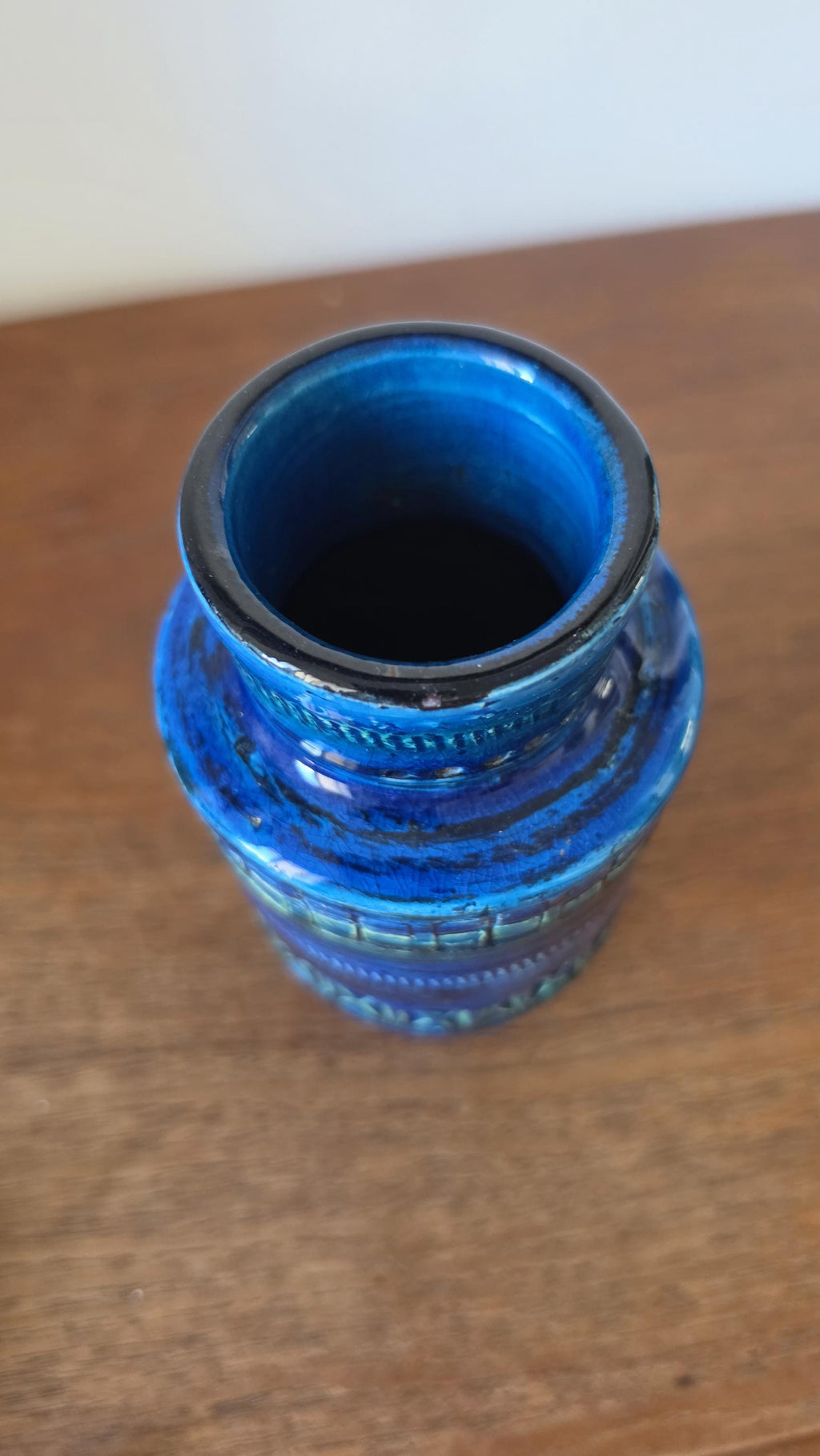 Bitossi Rimini Blu Vase, Italian Mid Century Modern Ceramic, Aldo Londi Style, Blue Geometric Pottery, 1960s Italy