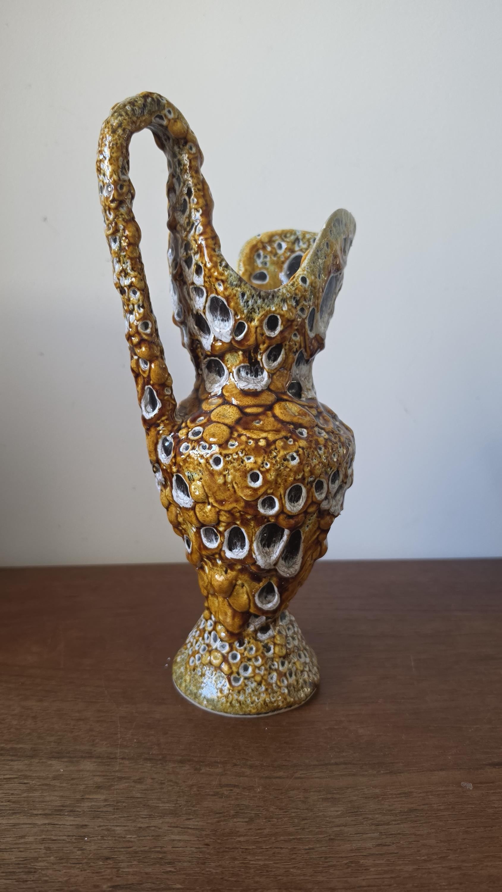 Vintage West German Fat Lava Ewer Vase, Mid Century Modern Ceramic Pitcher, Textured Drip Glaze, 1970s Studio Pottery