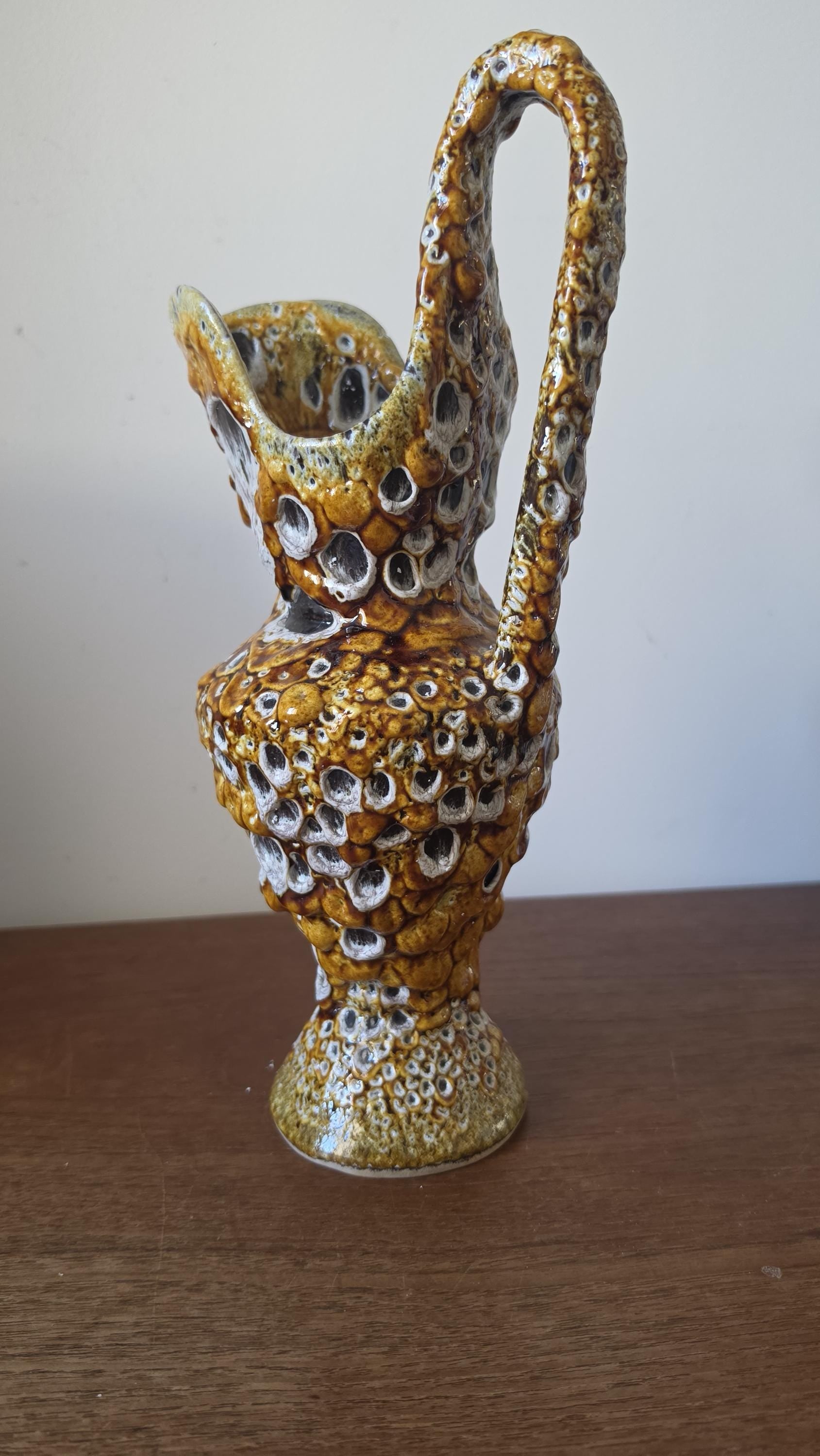 Vintage West German Fat Lava Ewer Vase, Mid Century Modern Ceramic Pitcher, Textured Drip Glaze, 1970s Studio Pottery
