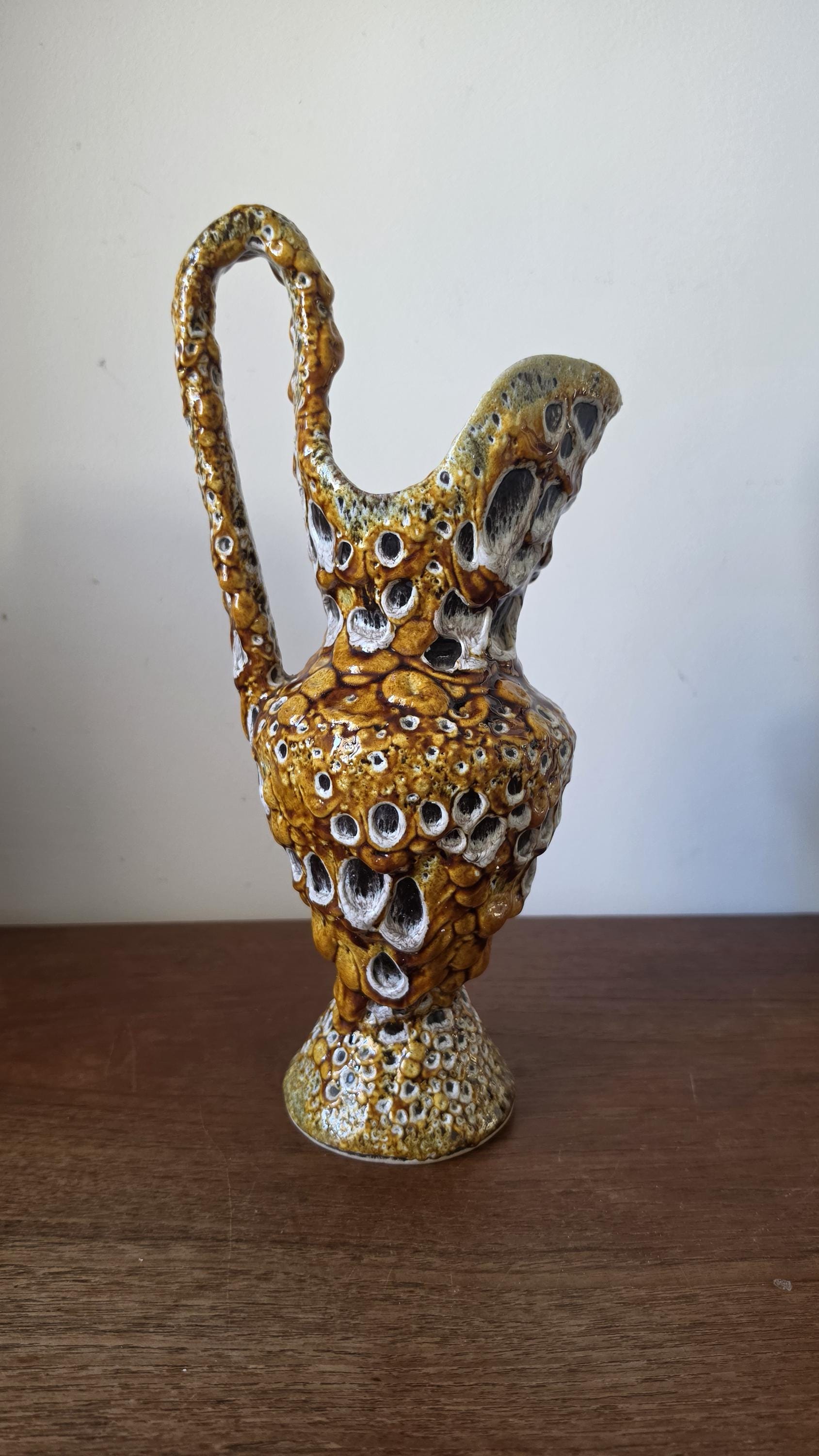 Vintage West German Fat Lava Ewer Vase, Mid Century Modern Ceramic Pitcher, Textured Drip Glaze, 1970s Studio Pottery