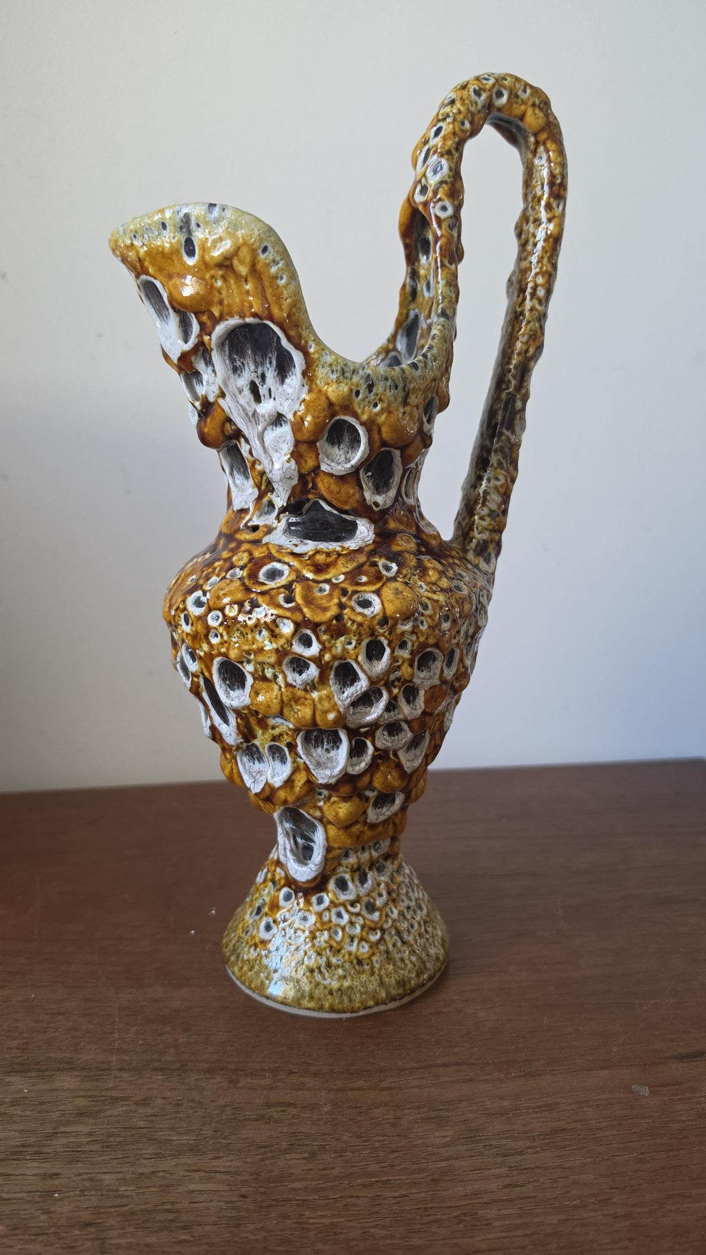 Vintage West German Fat Lava Ewer Vase, Mid Century Modern Ceramic Pitcher, Textured Drip Glaze, 1970s Studio Pottery