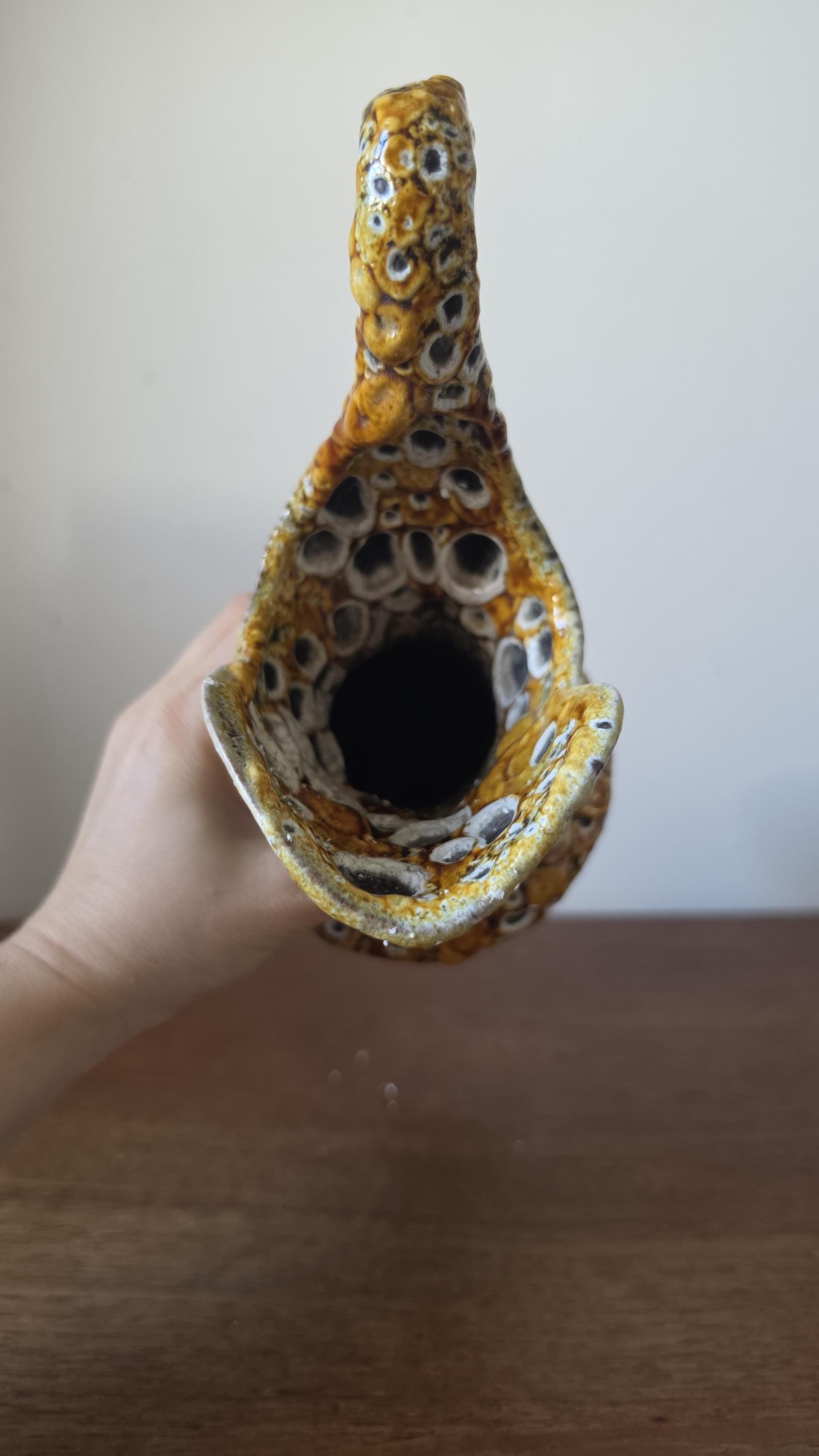Vintage West German Fat Lava Ewer Vase, Mid Century Modern Ceramic Pitcher, Textured Drip Glaze, 1970s Studio Pottery