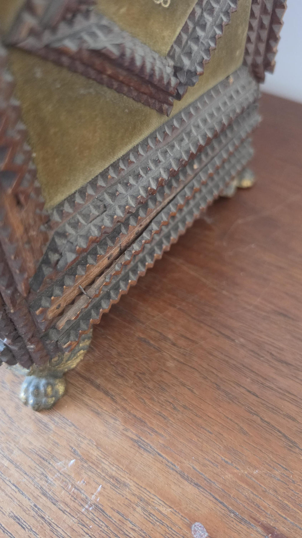 Antique Tramp Art Jewelry Box 1898, Hand Carved Wooden Chest with Mirror, Folk Art Keepsake Box, Victorian Trinket Box, Lion Pull