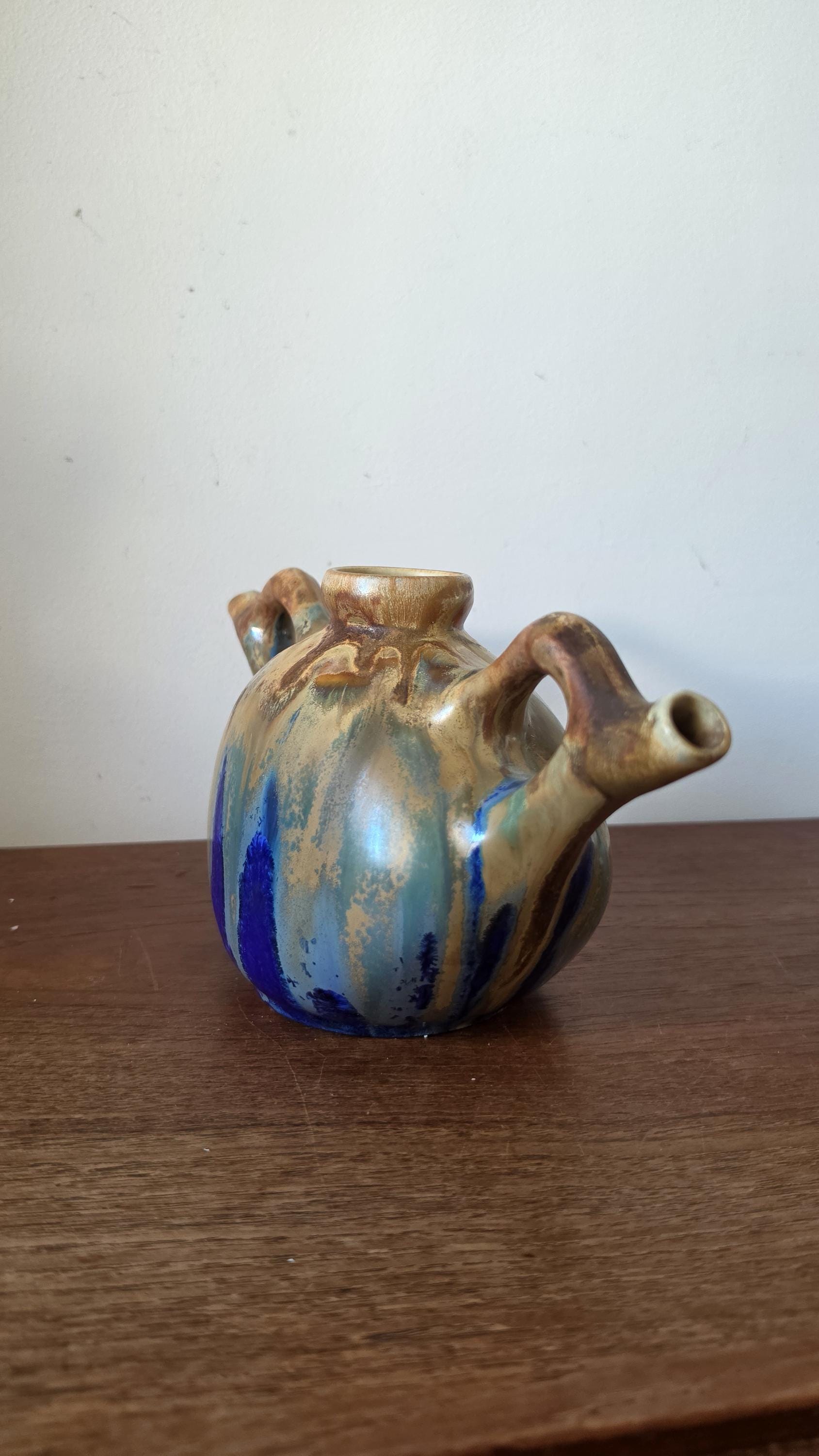 Vintage French Studio Pottery Vase Signed Gilbert Méténier, Mid Century Ceramic Vessel, Blue Brown Drip Glaze, 1960s Art Pottery