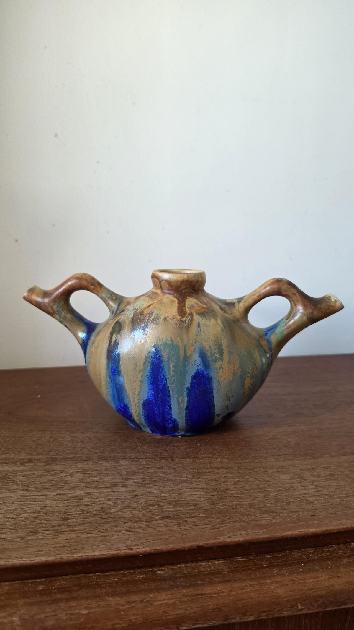 Vintage French Studio Pottery Vase Signed Gilbert Méténier, Mid Century Ceramic Vessel, Blue Brown Drip Glaze, 1960s Art Pottery