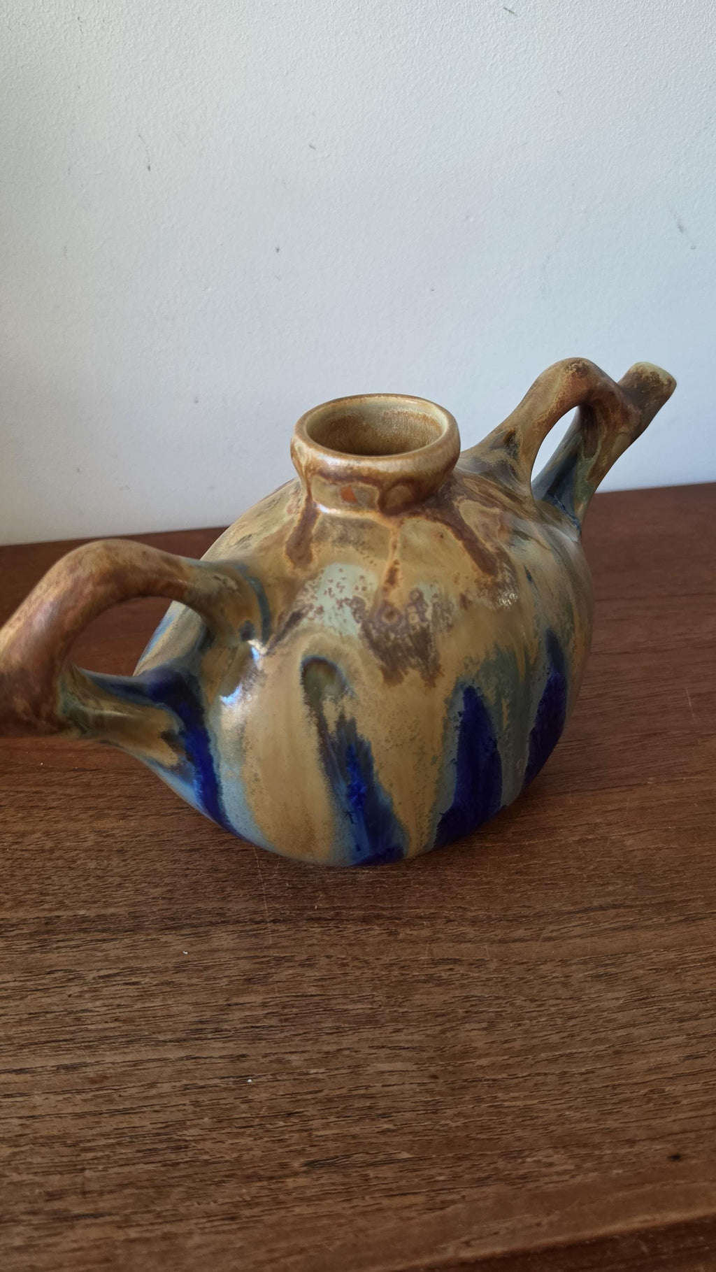 Vintage French Studio Pottery Vase Signed Gilbert Méténier, Mid Century Ceramic Vessel, Blue Brown Drip Glaze, 1960s Art Pottery