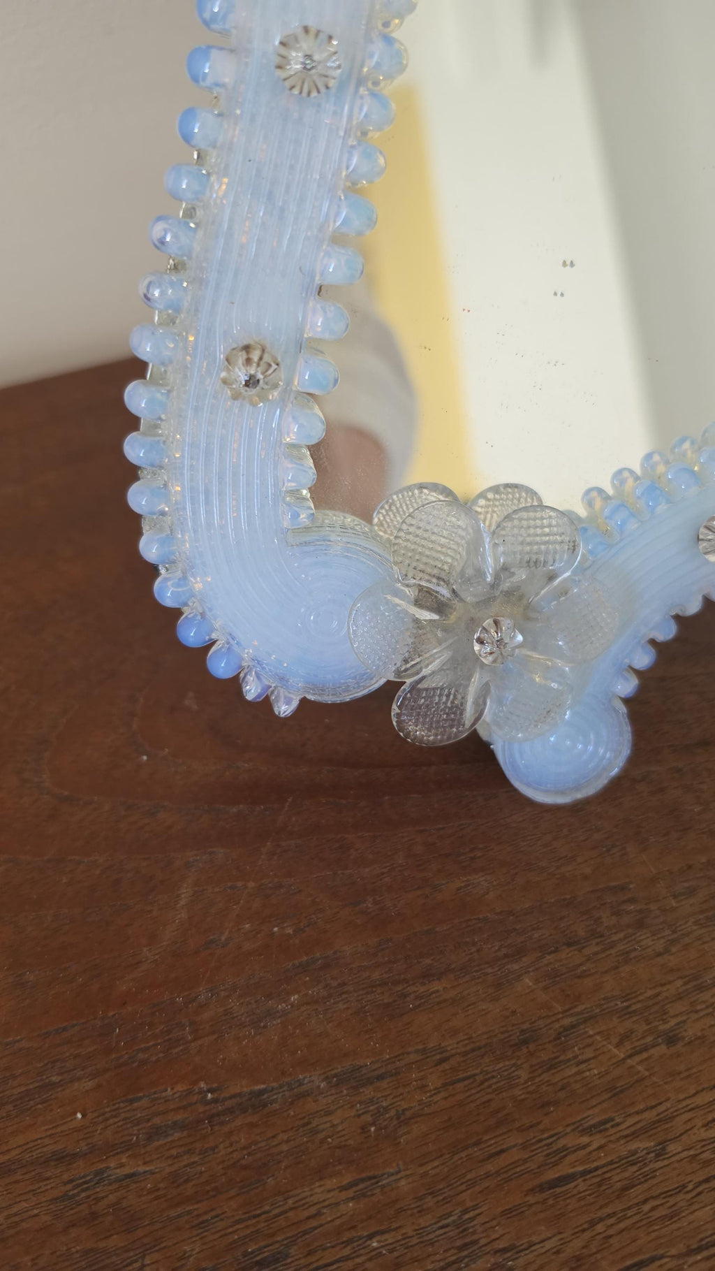 Vintage Venetian Style Opaline Glass Mirror, Floral Murano Style Vanity Mirror, Italian Decorative Table Mirror, Hollywood Regency