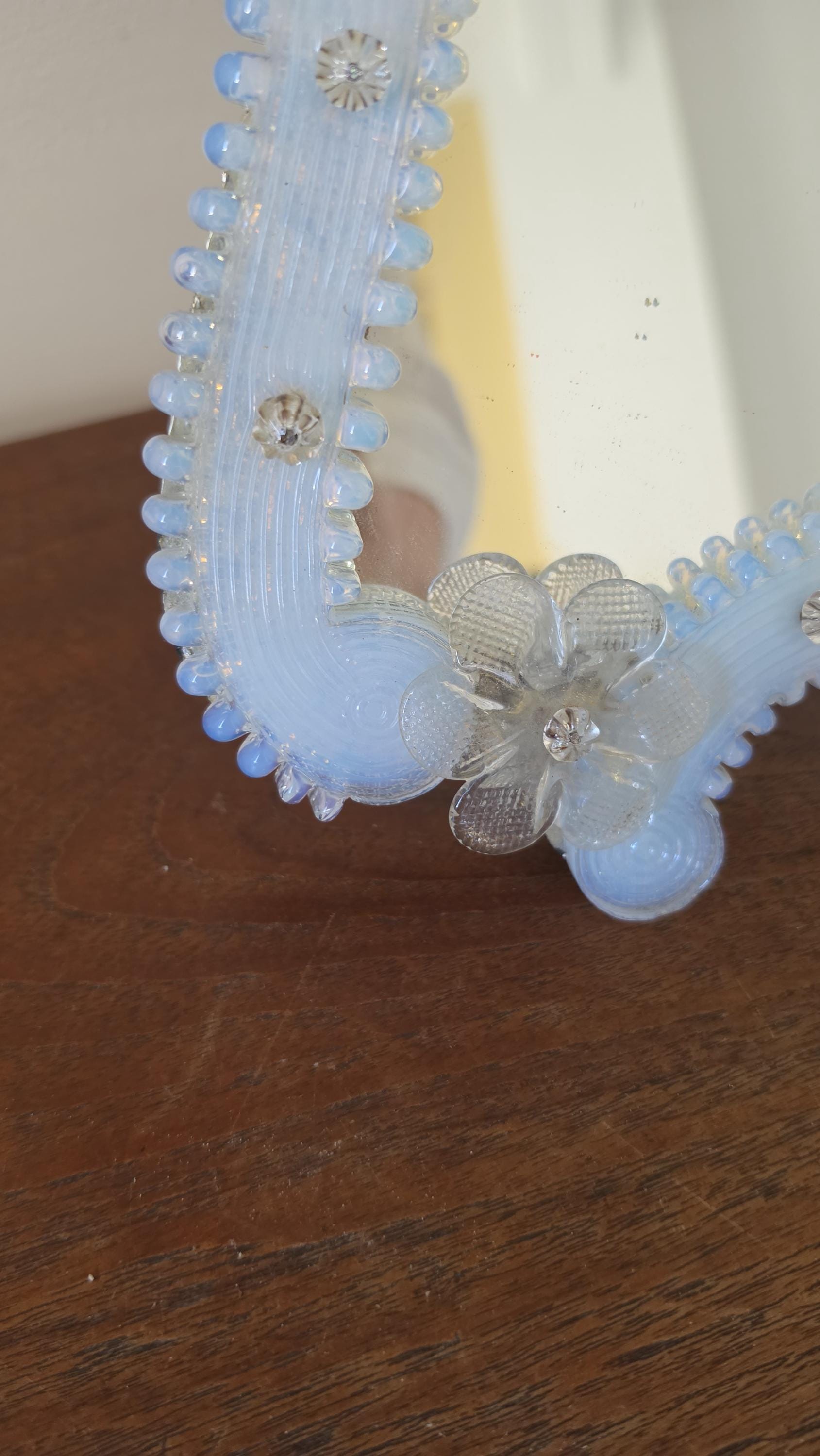 Vintage Venetian Style Opaline Glass Mirror, Floral Murano Style Vanity Mirror, Italian Decorative Table Mirror, Hollywood Regency
