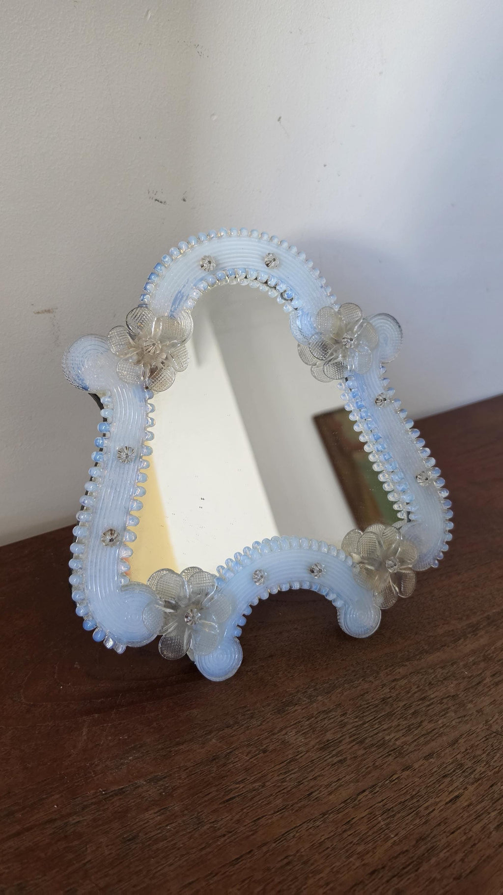 Vintage Venetian Style Opaline Glass Mirror, Floral Murano Style Vanity Mirror, Italian Decorative Table Mirror, Hollywood Regency