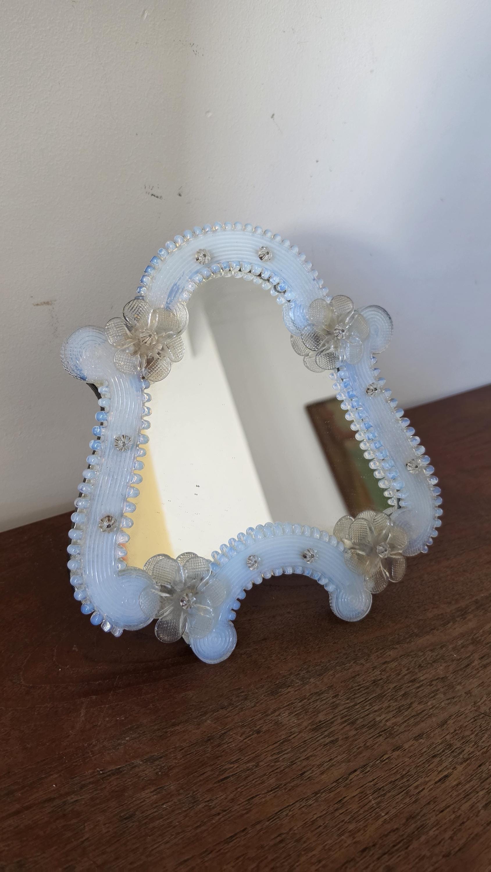 Vintage Venetian Style Opaline Glass Mirror, Floral Murano Style Vanity Mirror, Italian Decorative Table Mirror, Hollywood Regency