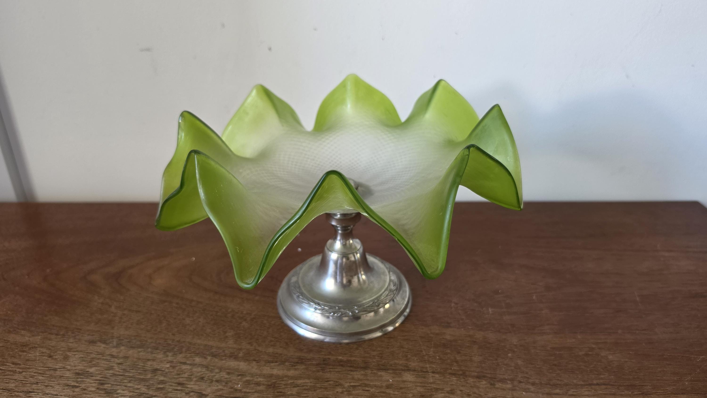 Vintage Green Art Glass Compote Bowl, Murano Style Ruffled Pedestal Bowl, Mid Century Centerpiece, Italian Style Decorative Fruit Bowl