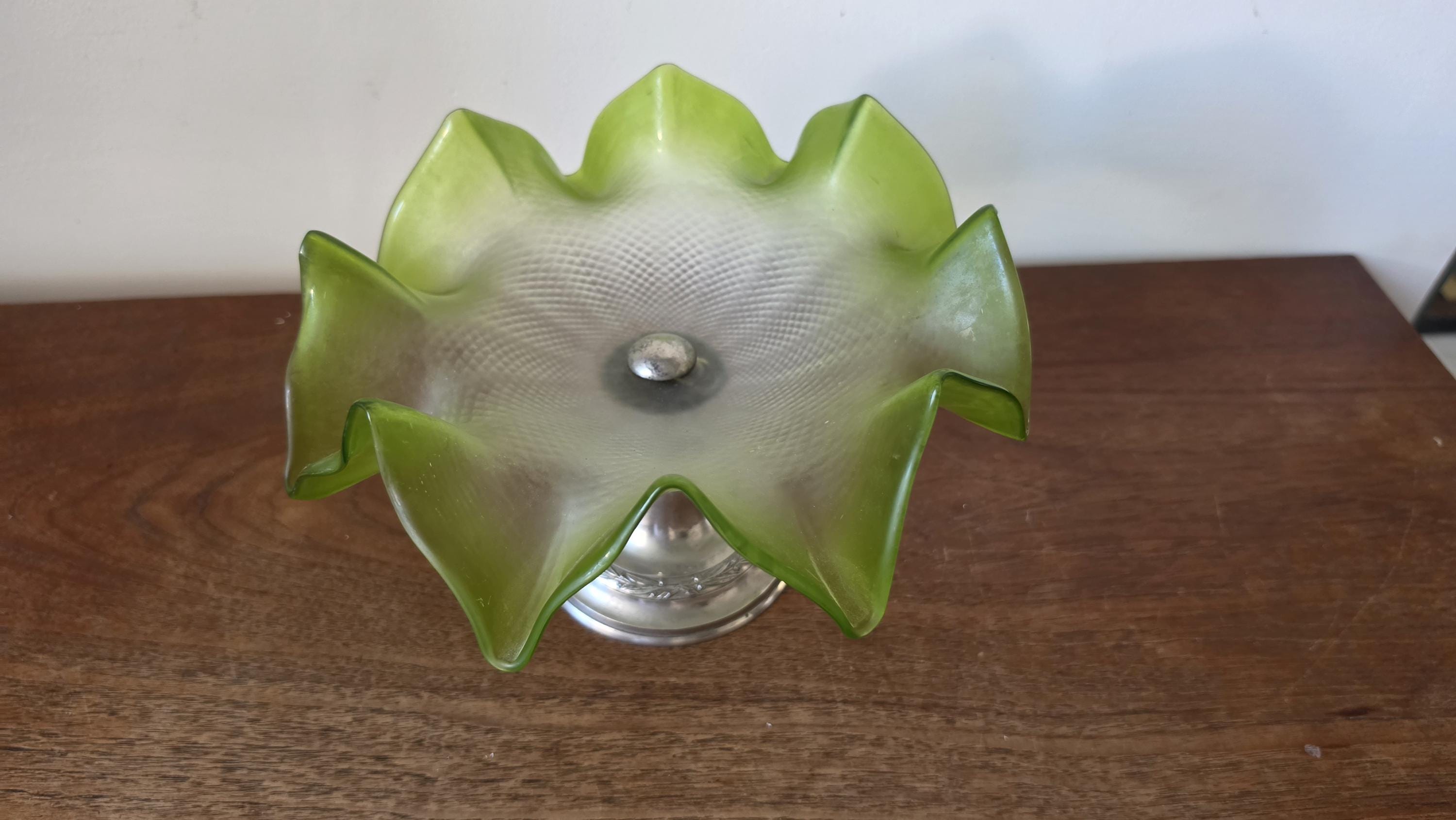 Vintage Green Art Glass Compote Bowl, Murano Style Ruffled Pedestal Bowl, Mid Century Centerpiece, Italian Style Decorative Fruit Bowl