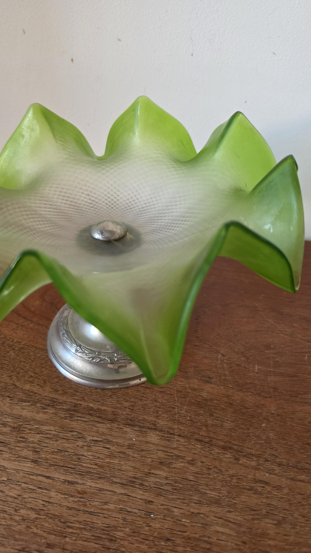 Vintage Green Art Glass Compote Bowl, Murano Style Ruffled Pedestal Bowl, Mid Century Centerpiece, Italian Style Decorative Fruit Bowl