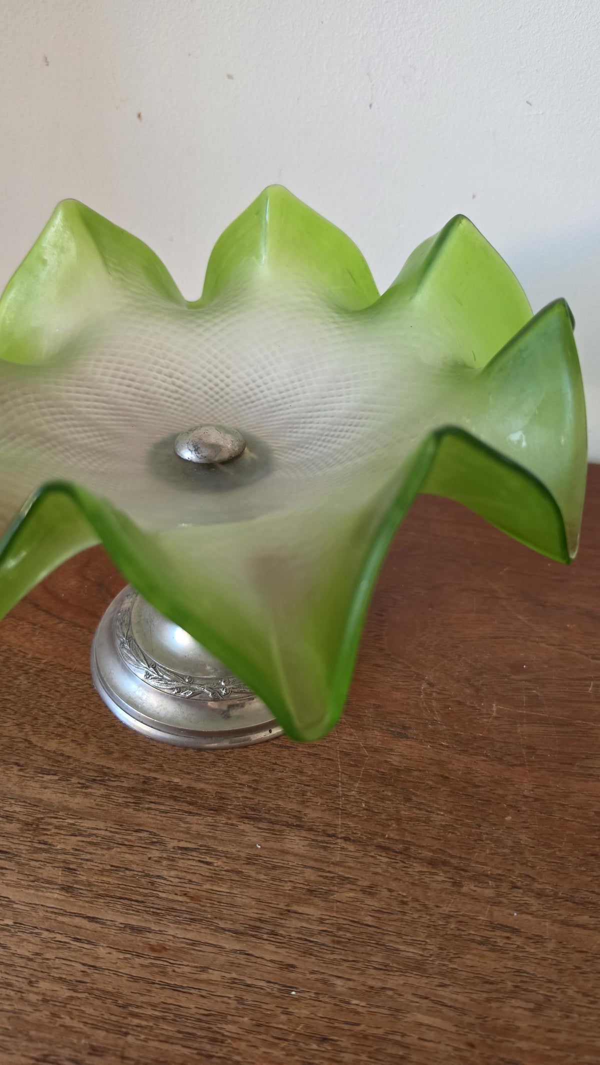 Vintage Green Art Glass Compote Bowl, Murano Style Ruffled Pedestal Bowl, Mid Century Centerpiece, Italian Style Decorative Fruit Bowl