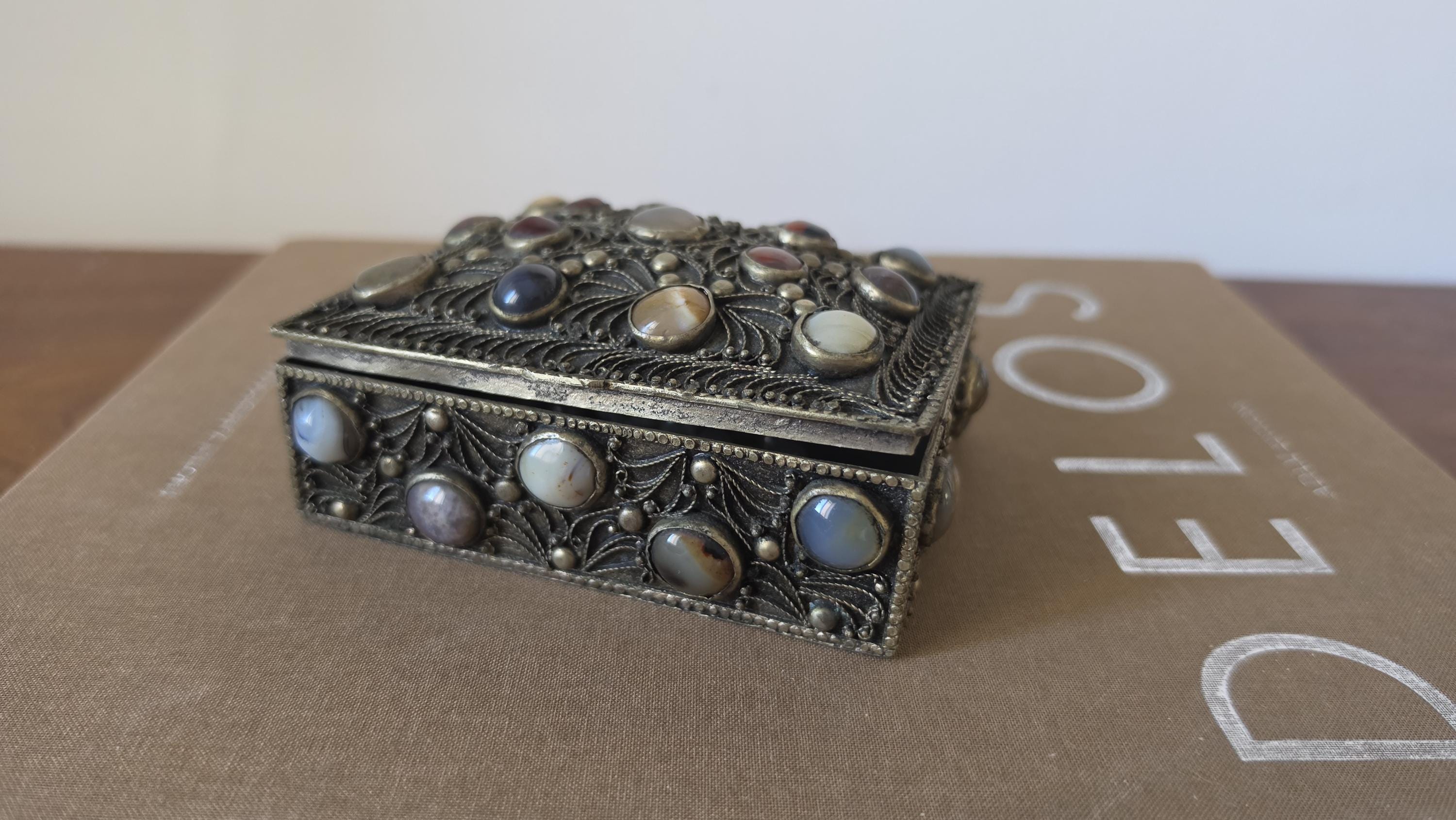 Antique Folk Art Silverplate Jewelry Box with Agate Cabochons, Vintage Trinket Box, Ornate Filigree Keepsake, Boho Global Decor