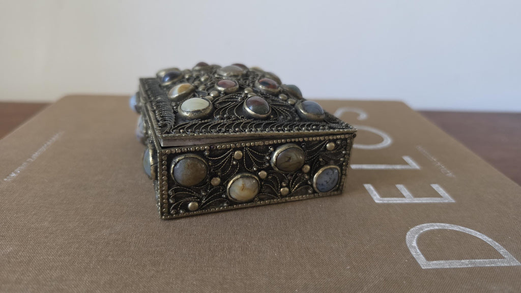 Antique Folk Art Silverplate Jewelry Box with Agate Cabochons, Vintage Trinket Box, Ornate Filigree Keepsake, Boho Global Decor