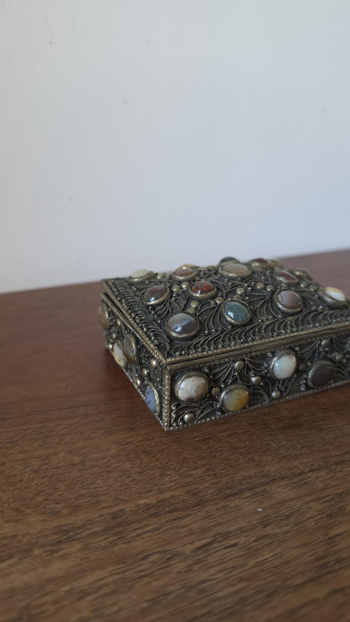 Antique Folk Art Silverplate Jewelry Box with Agate Cabochons, Vintage Trinket Box, Ornate Filigree Keepsake, Boho Global Decor