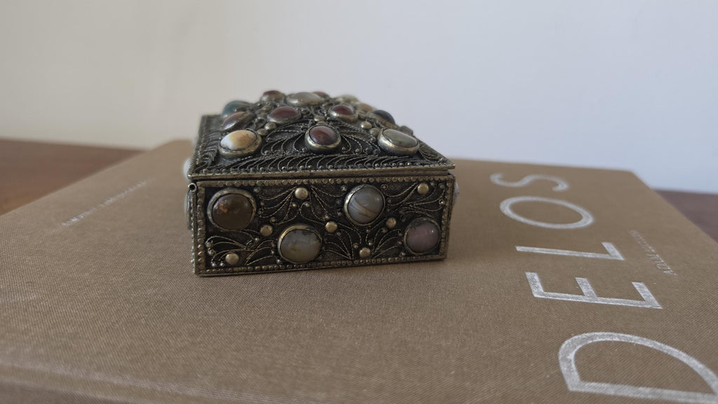 Antique Folk Art Silverplate Jewelry Box with Agate Cabochons, Vintage Trinket Box, Ornate Filigree Keepsake, Boho Global Decor
