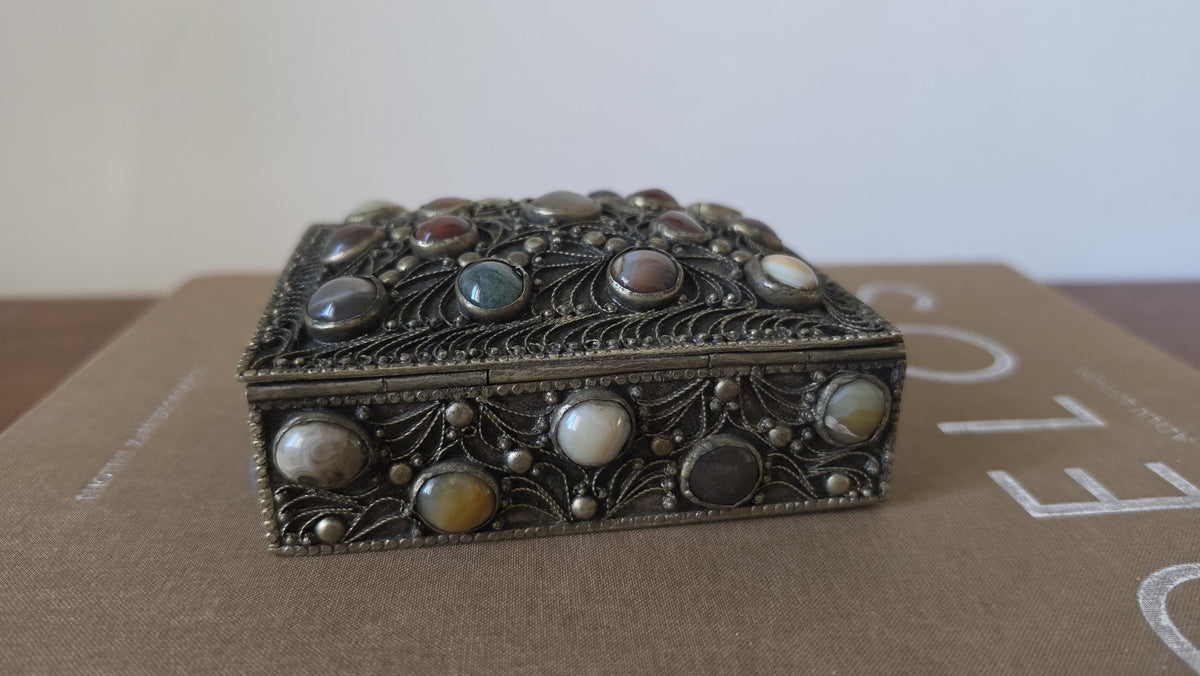 Antique Folk Art Silverplate Jewelry Box with Agate Cabochons, Vintage Trinket Box, Ornate Filigree Keepsake, Boho Global Decor