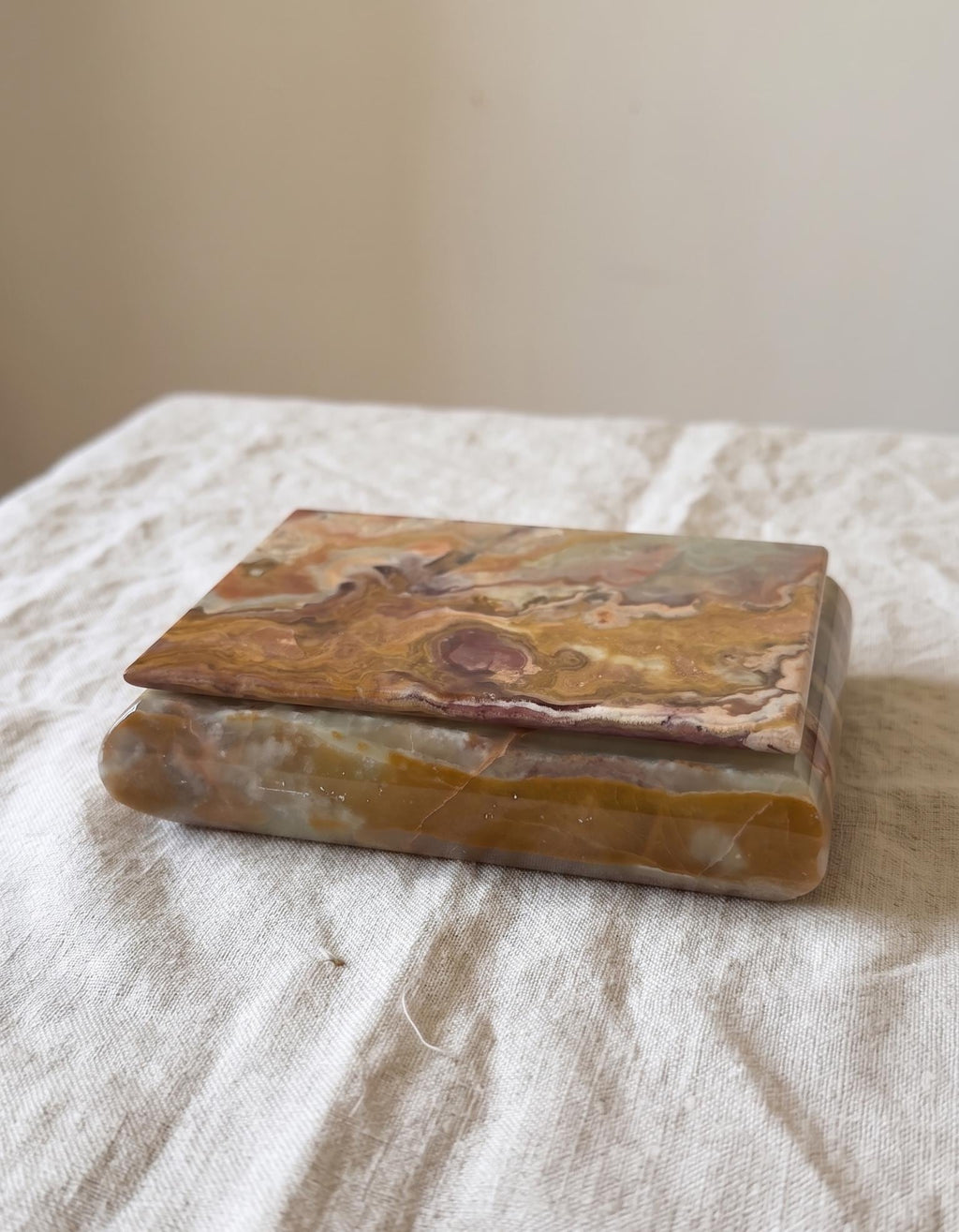 Vintage Onyx Stone Box, Banded Marble Jewelry Box, Heavy Calcite Trinket Box, Natural Stone Storage, Decorative Keepsake Box