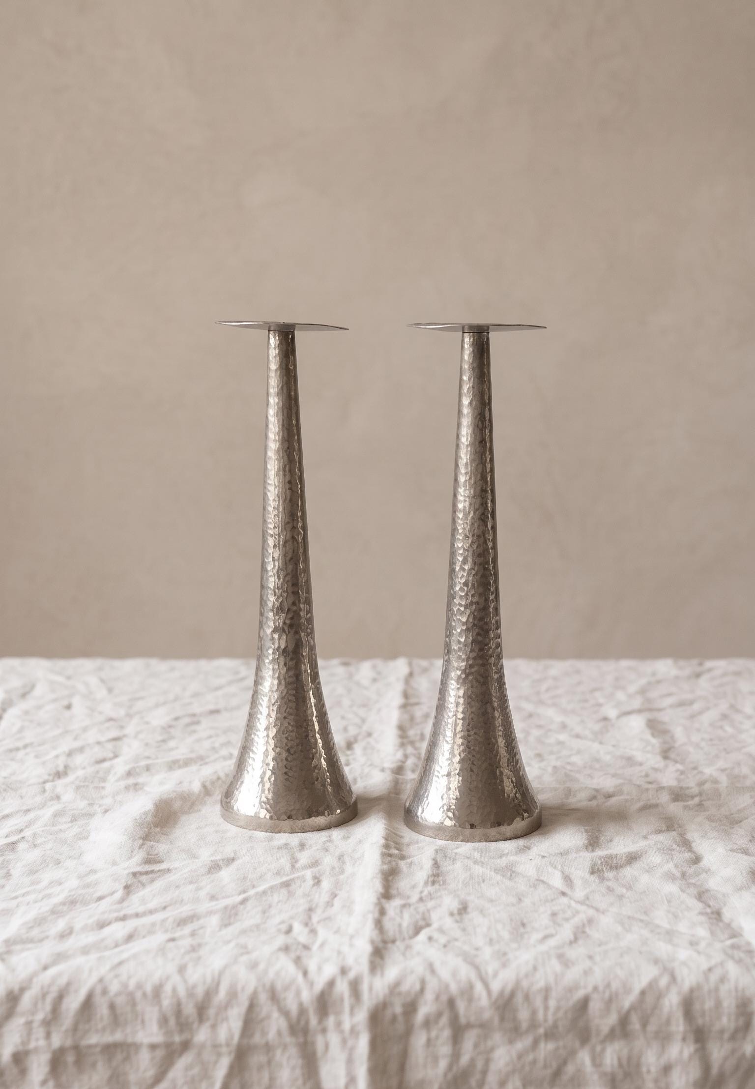 Tall Hammered Metal Candle Holders Pair