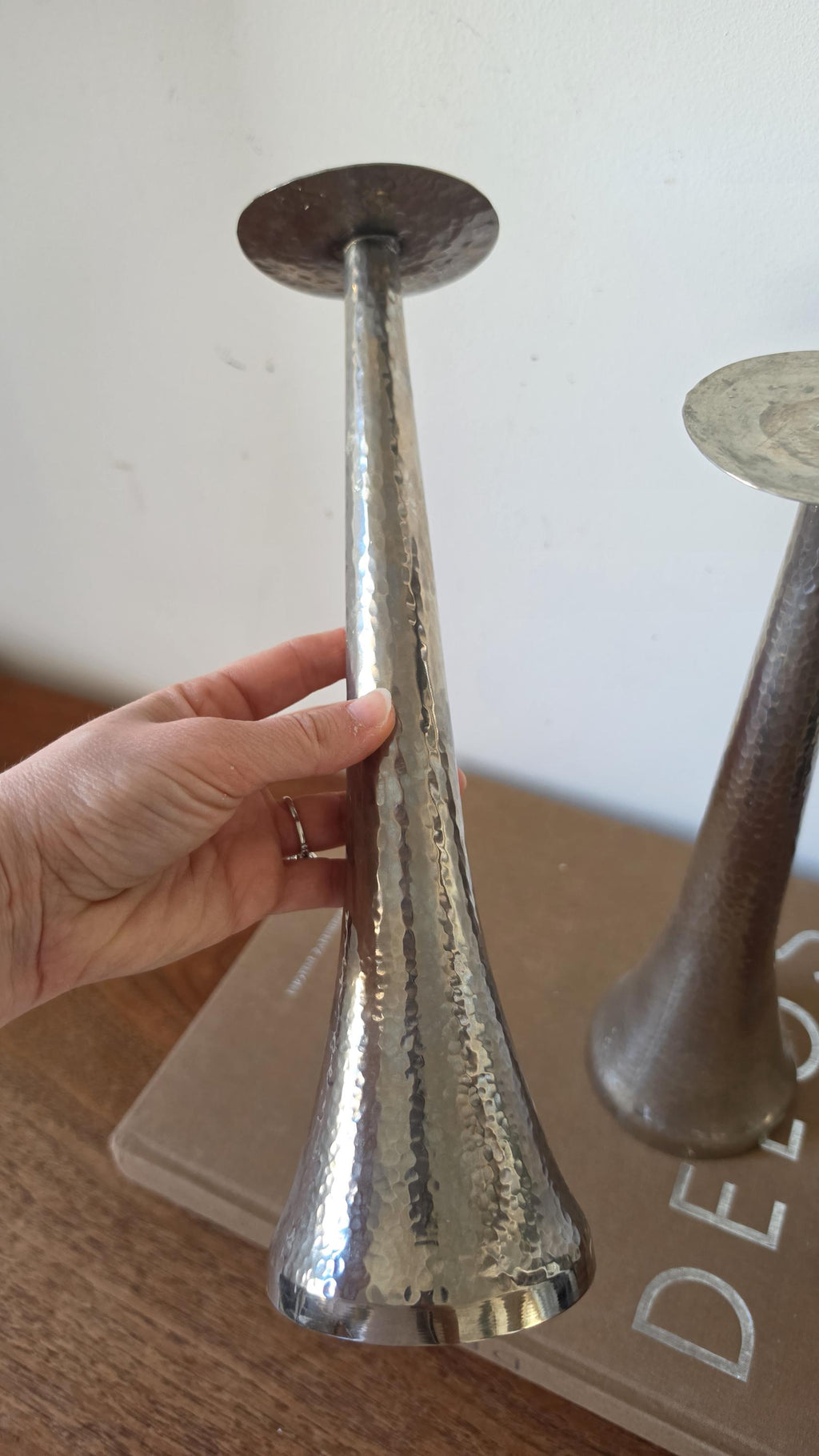 Tall Hammered Metal Candle Holders Pair, Silver Taper Candlesticks, Modern Sculptural Candle Stands, Elegant Table Decor