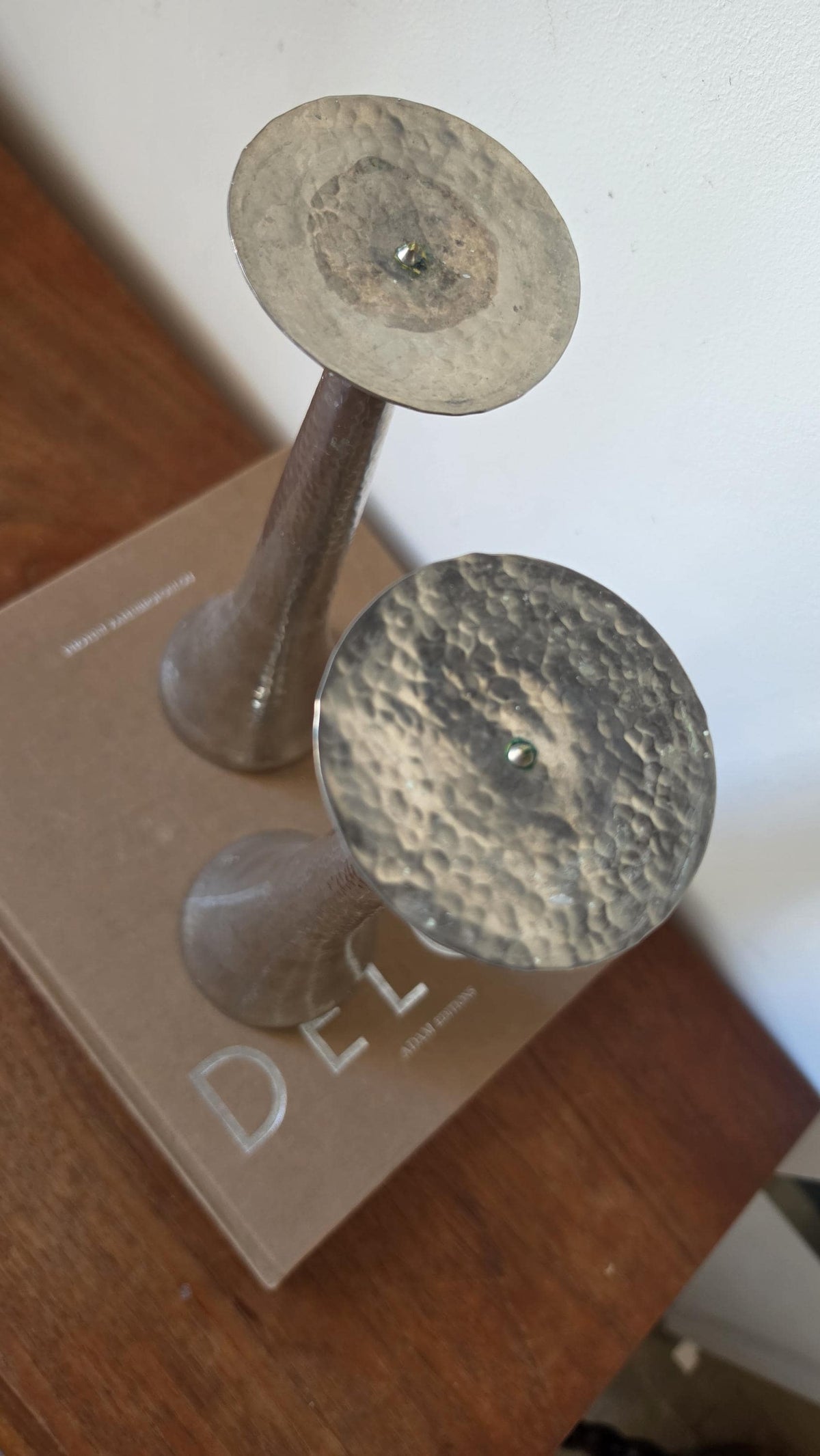 Tall Hammered Metal Candle Holders Pair, Silver Taper Candlesticks, Modern Sculptural Candle Stands, Elegant Table Decor