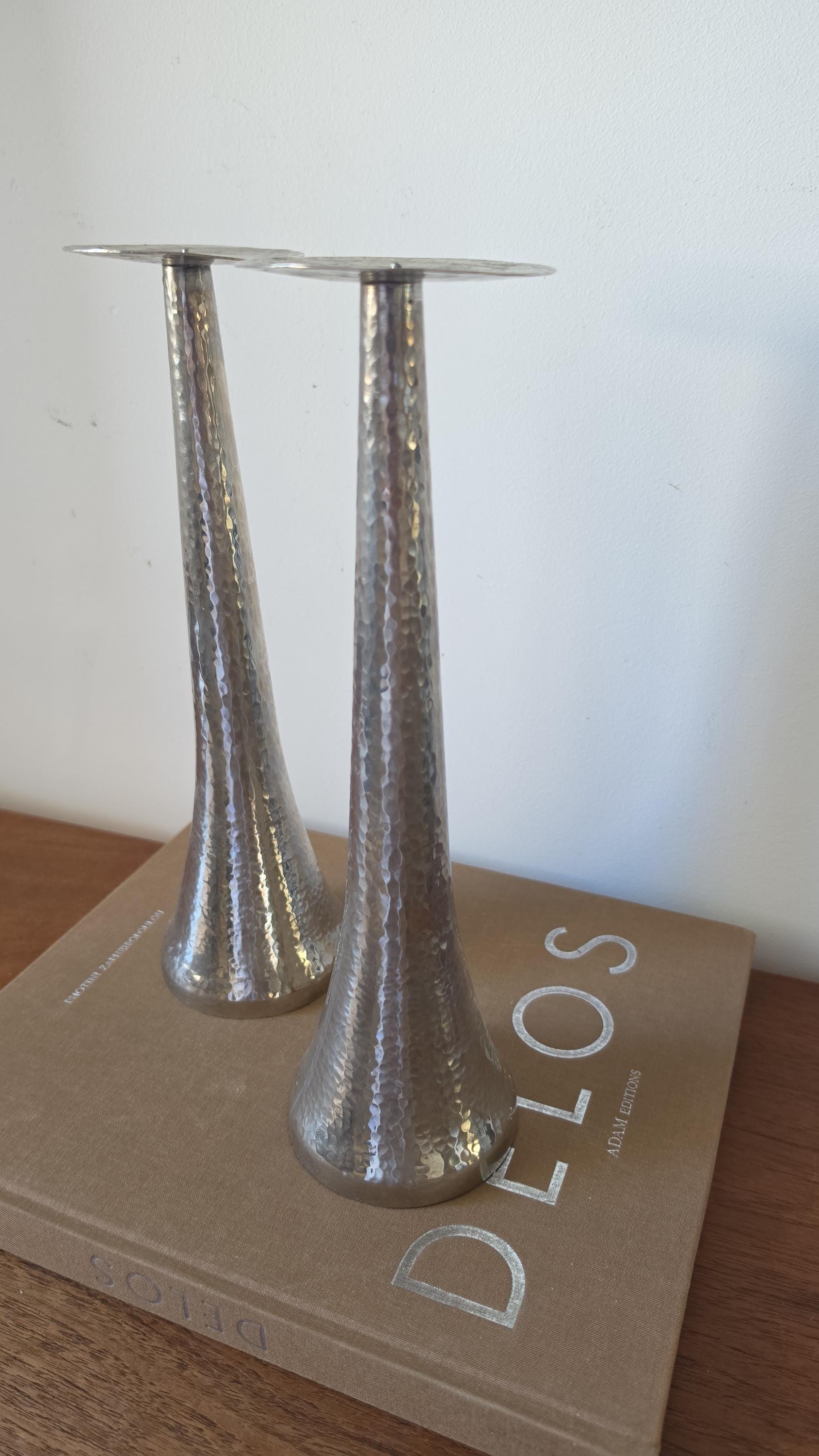 Tall Hammered Metal Candle Holders Pair, Silver Taper Candlesticks, Modern Sculptural Candle Stands, Elegant Table Decor