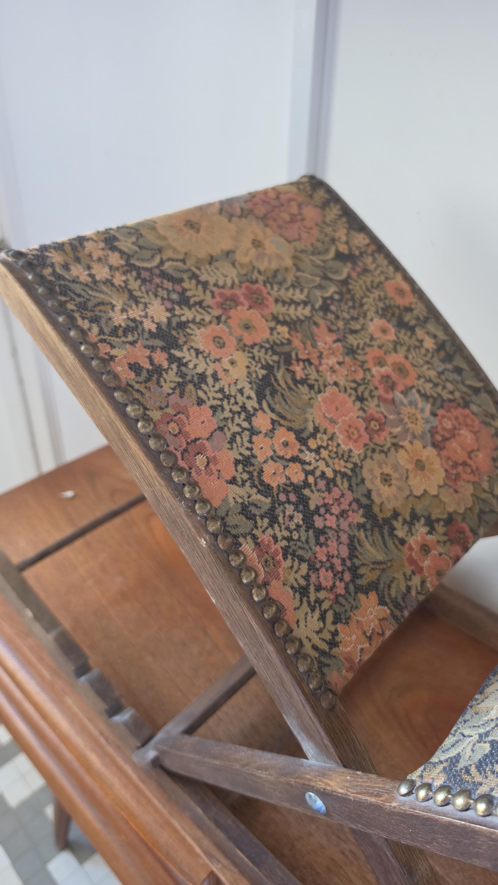 Vintage French Floral Folding Footstool, Upholstered Rocking Footrest, 3 Position Wooden Stool, Tapestry Fabric Living Room Decor