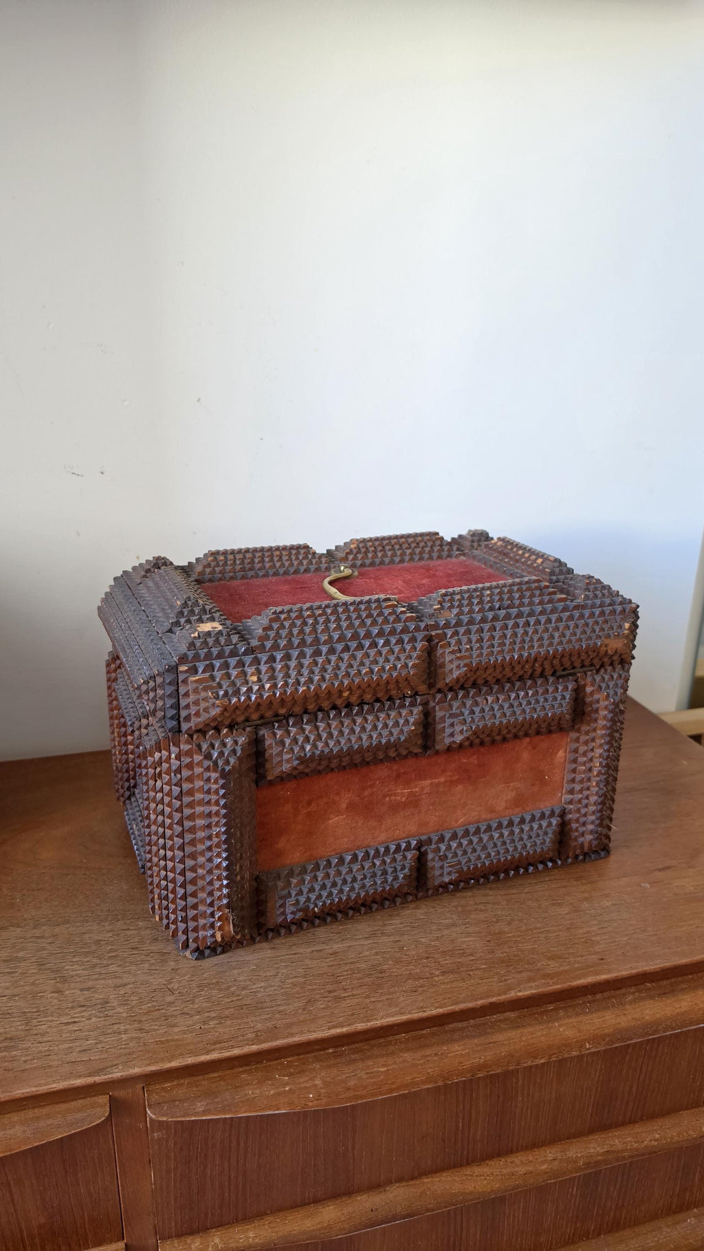 Antique Tramp Art Wooden Box, Hand Carved Folk Art Chest, Chip Carved Jewelry Box, Rustic Primitive Storage, Collectible Decor