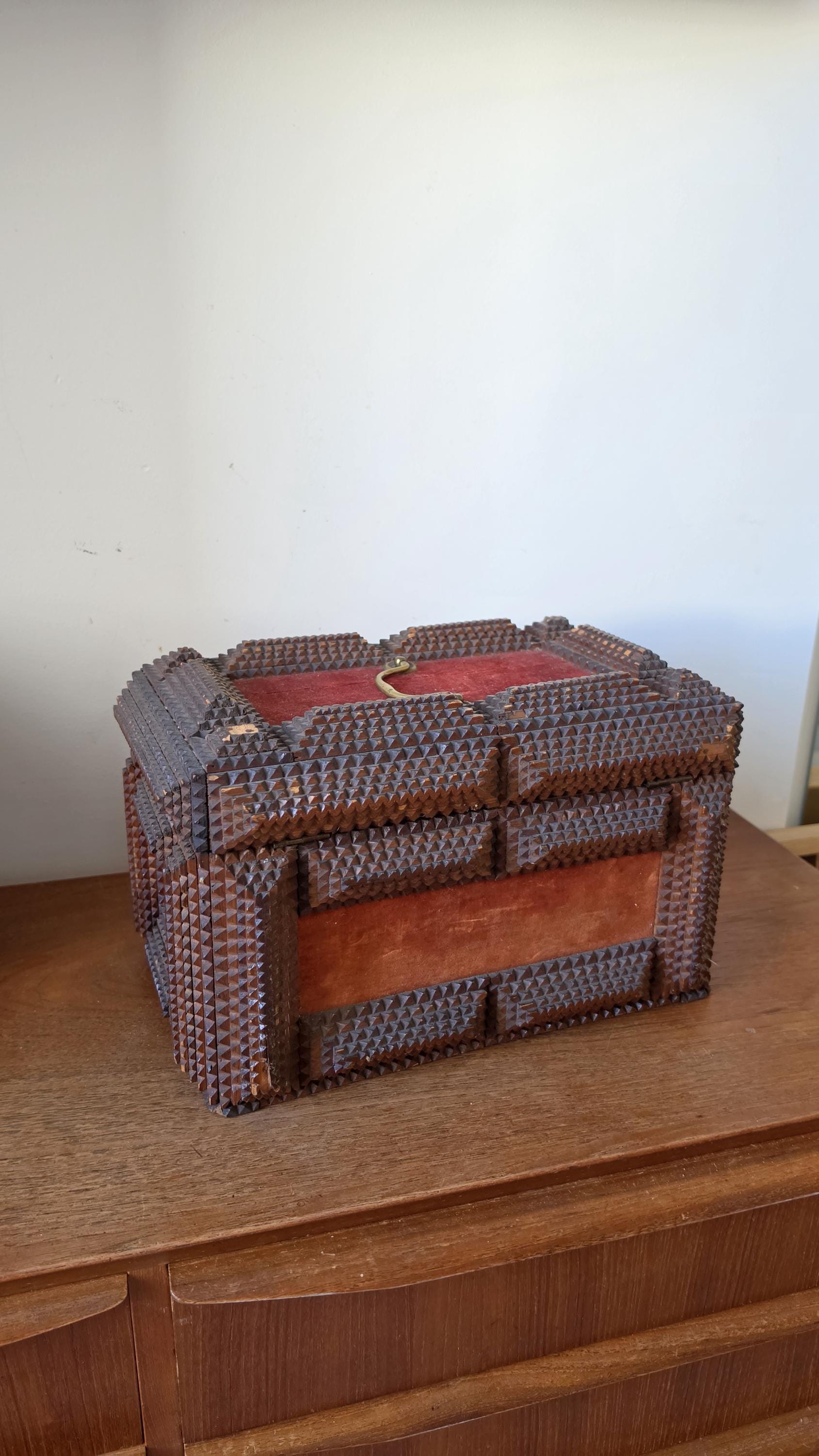 Antique Tramp Art Wooden Box, Hand Carved Folk Art Chest, Chip Carved Jewelry Box, Rustic Primitive Storage, Collectible Decor