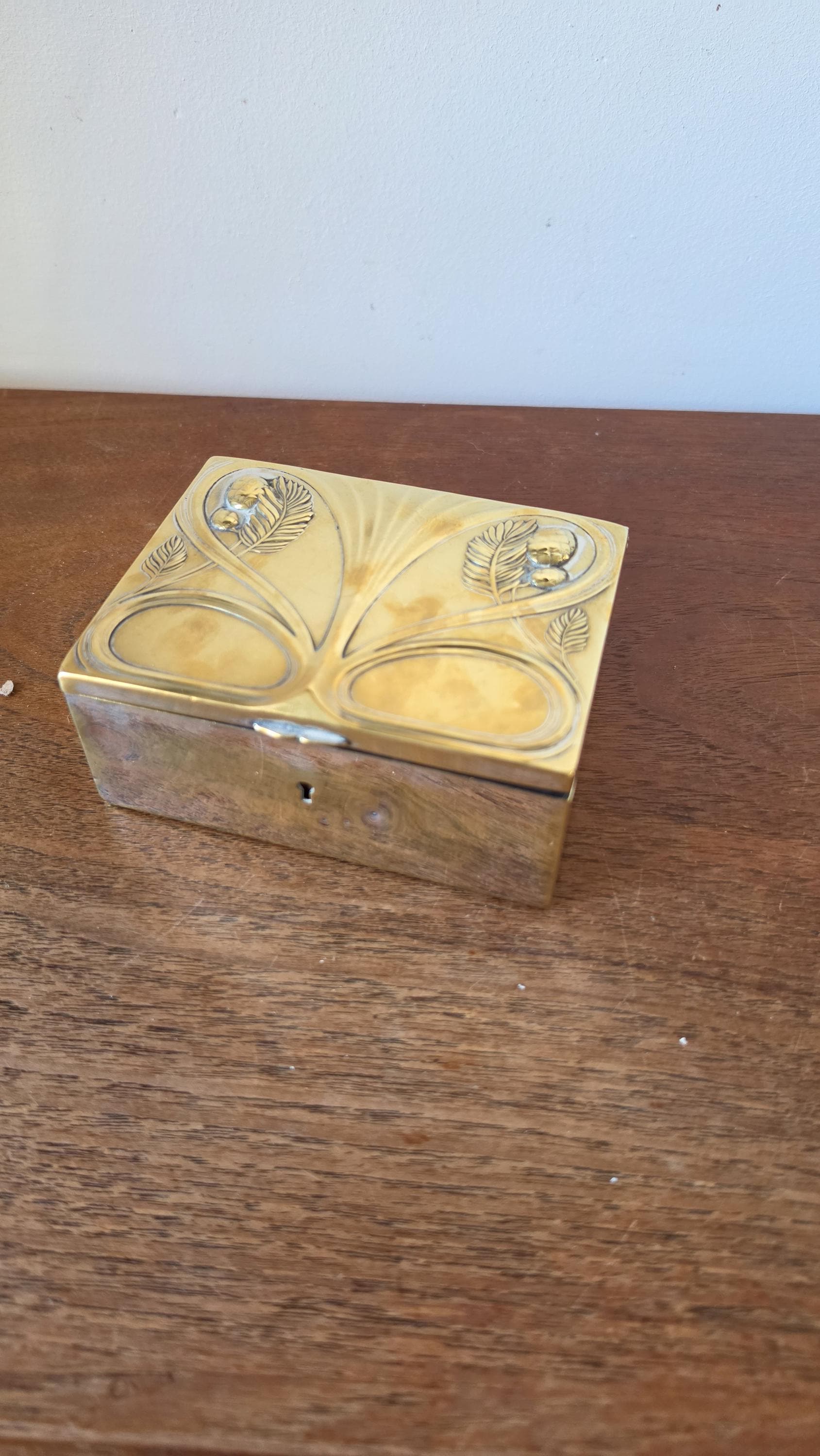 Art Nouveau Brass Jewelry Box, Floral Relief Trinket Box, Vintage Metal Keepsake Box, Lined Storage Chest, Hallmarked Base