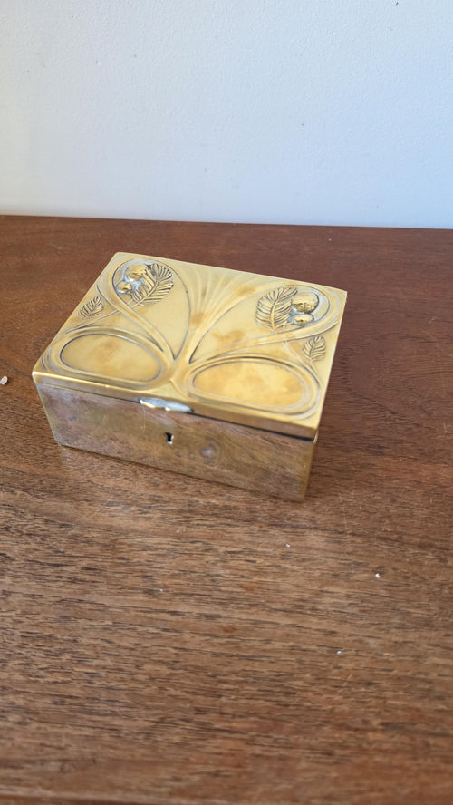 Art Nouveau Brass Jewelry Box, Floral Relief Trinket Box, Vintage Metal Keepsake Box, Lined Storage Chest, Hallmarked Base