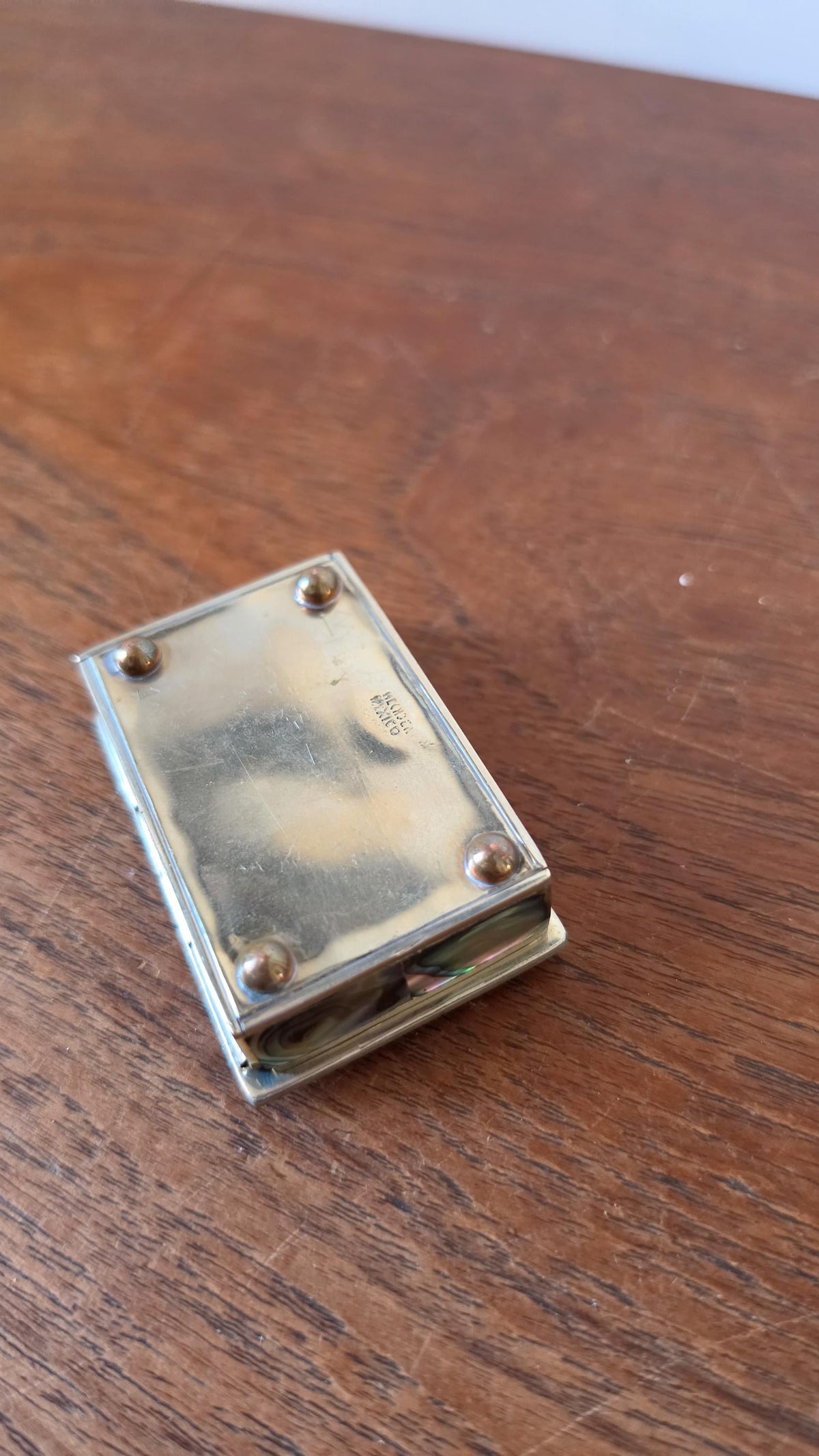 Vintage Abalone Shell Trinket Box, Mexican Mother of Pearl Jewelry Box, Small Brass Inlay Box, Iridescent Shell Keepsake Box