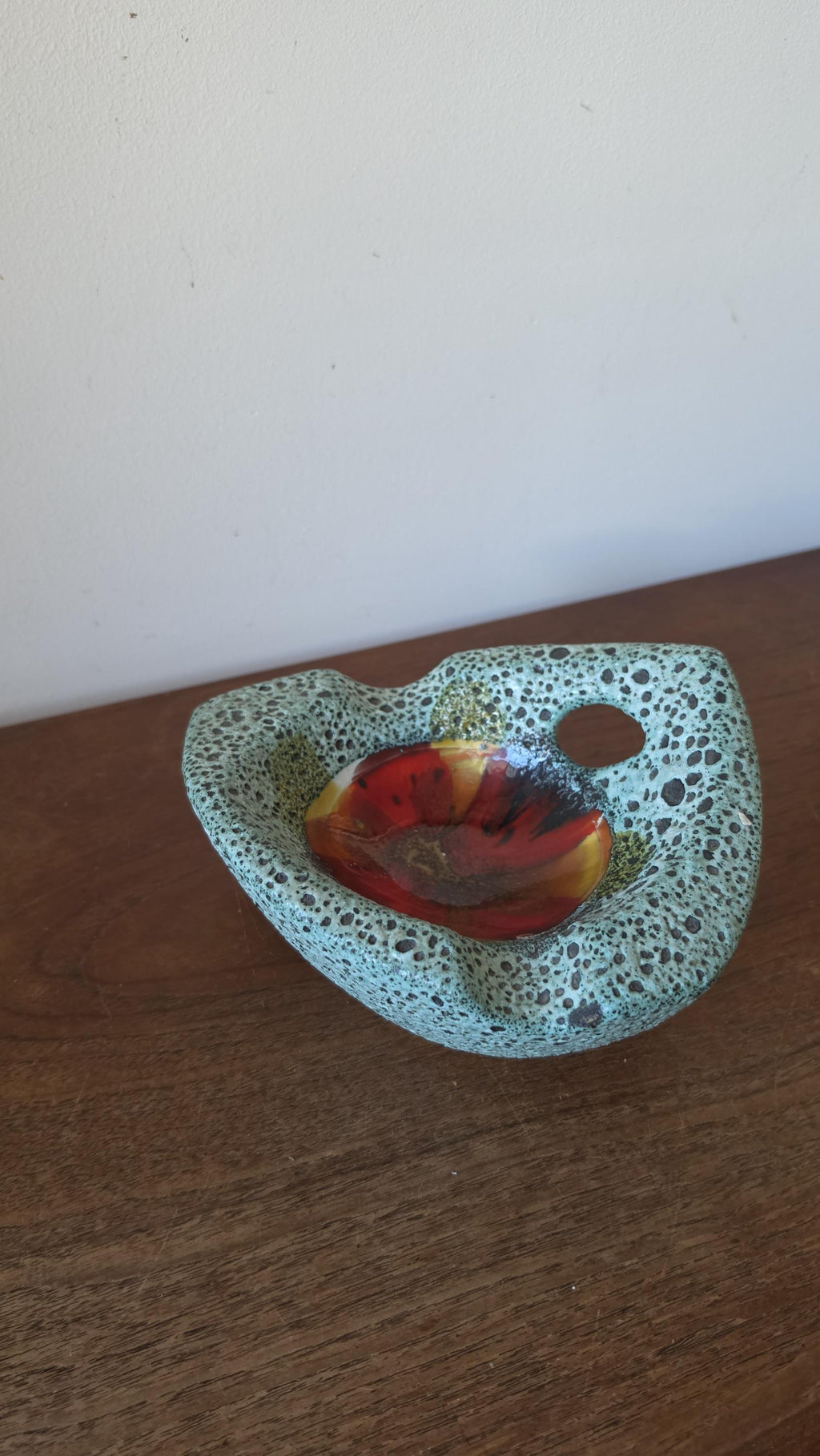 Vintage Vallauris Style Lava Glaze Bowl, Mid Century French Art Pottery Dish, Turquoise Speckled Ceramic with Red Center