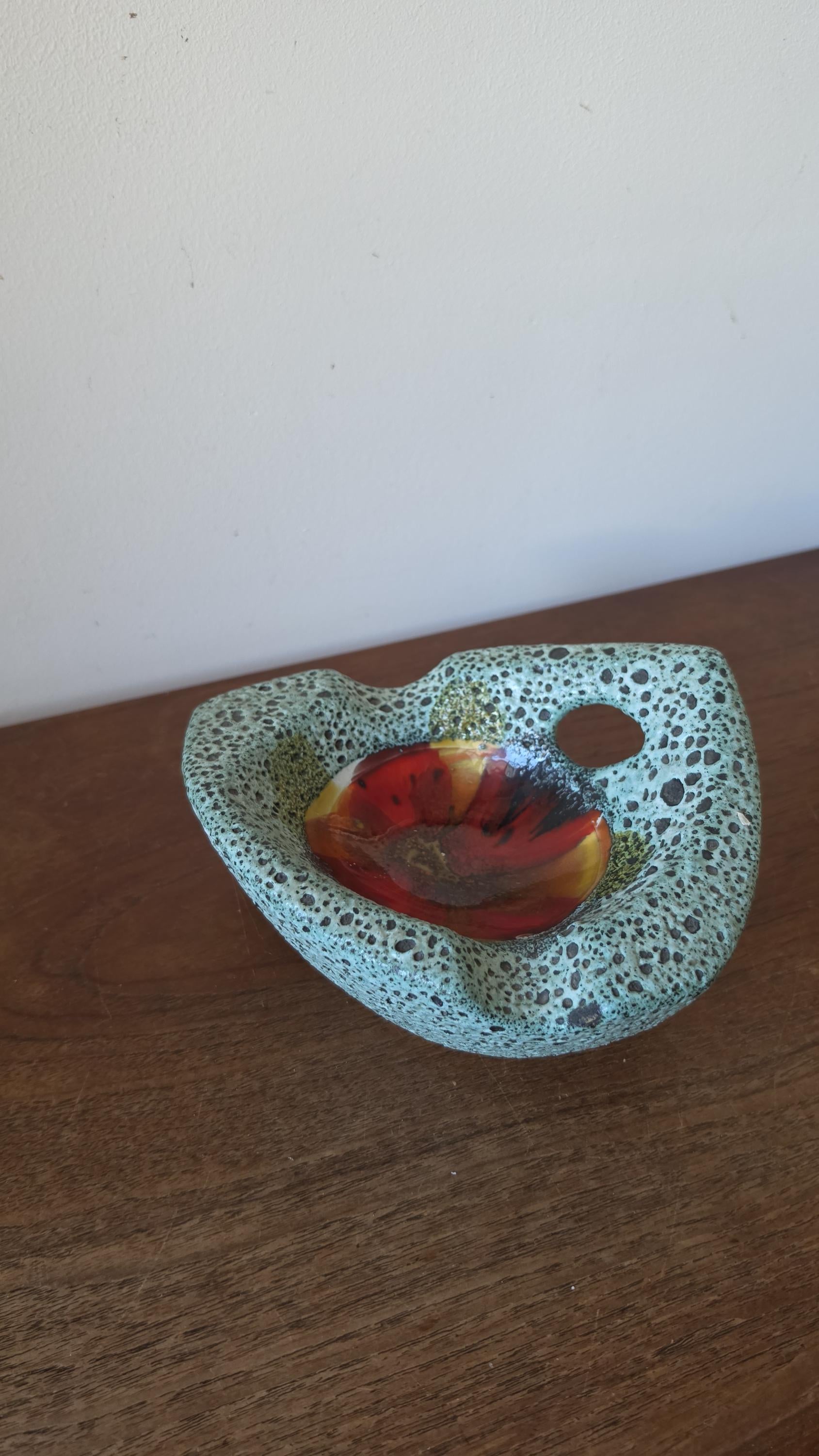 Vintage Vallauris Style Lava Glaze Bowl, Mid Century French Art Pottery Dish, Turquoise Speckled Ceramic with Red Center