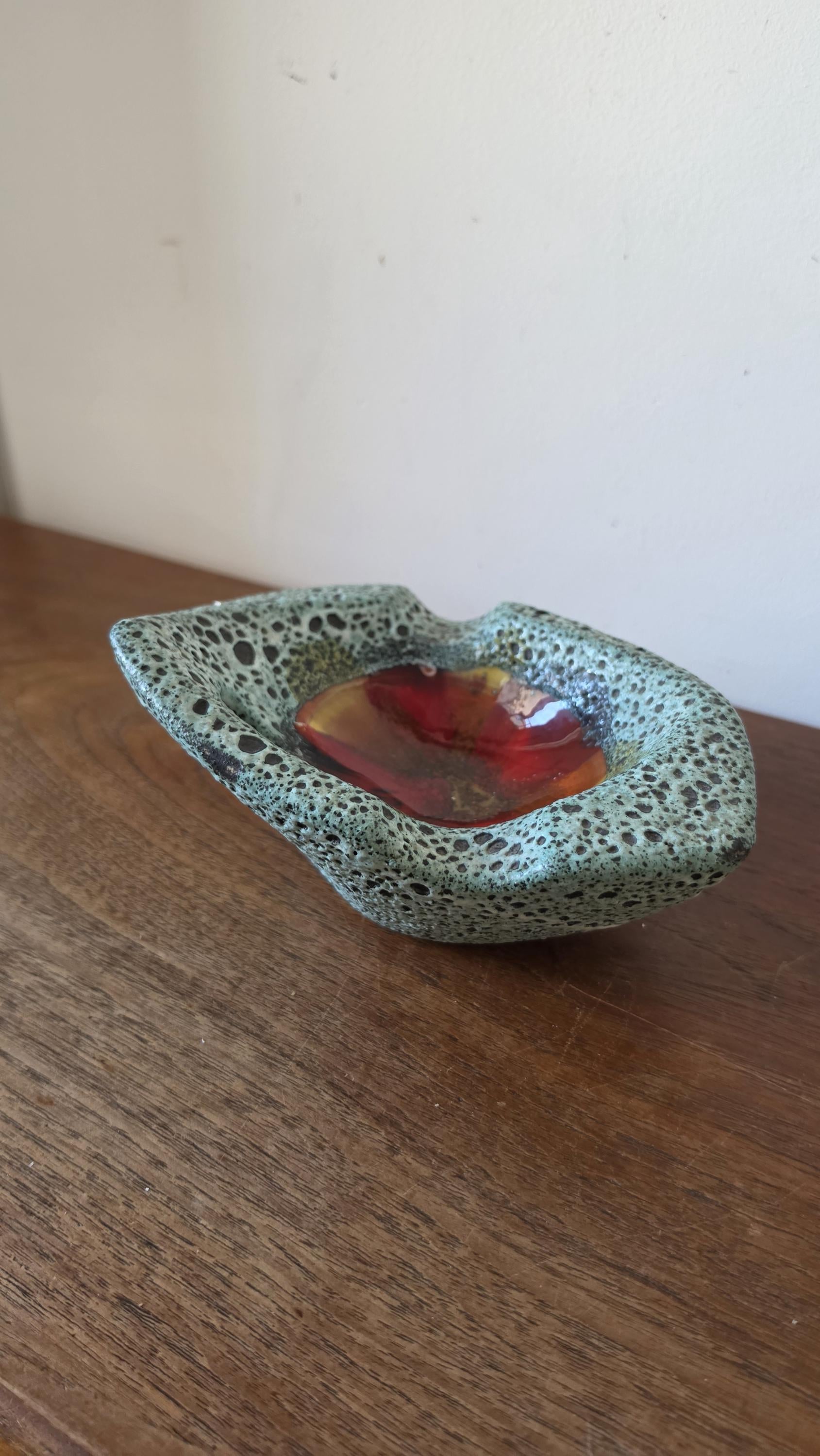 Vintage Vallauris Style Lava Glaze Bowl, Mid Century French Art Pottery Dish, Turquoise Speckled Ceramic with Red Center