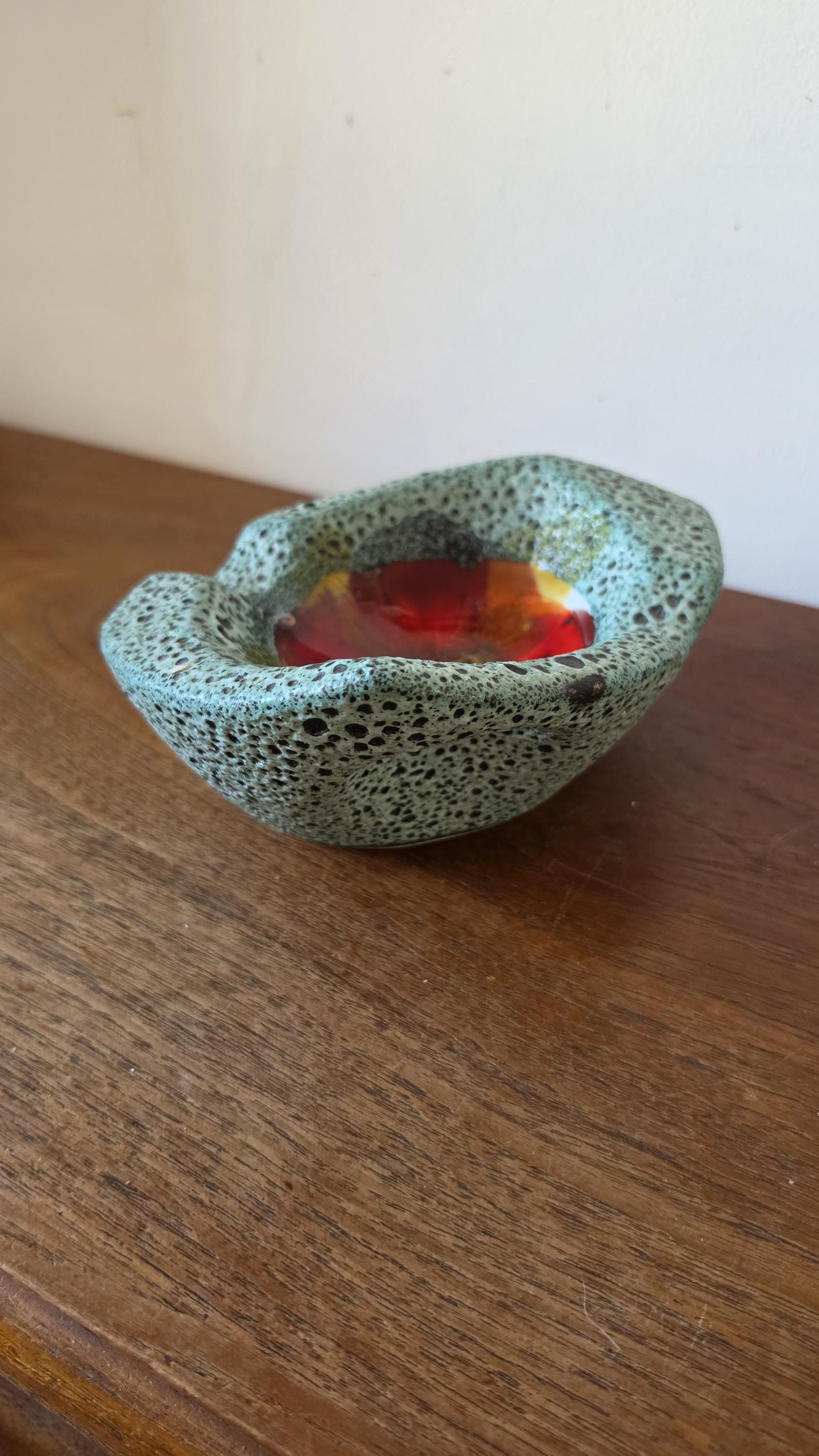 Vintage Vallauris Style Lava Glaze Bowl, Mid Century French Art Pottery Dish, Turquoise Speckled Ceramic with Red Center
