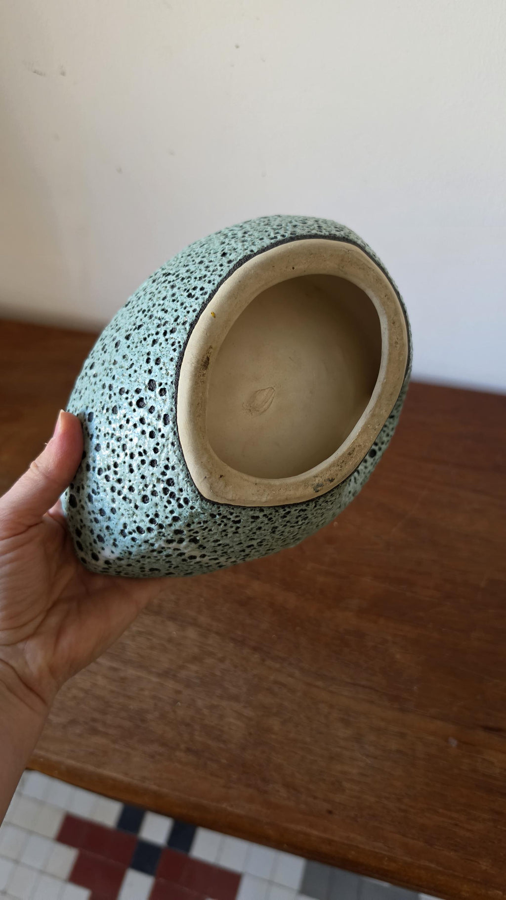 Vintage Vallauris Style Lava Glaze Bowl, Mid Century French Art Pottery Dish, Turquoise Speckled Ceramic with Red Center