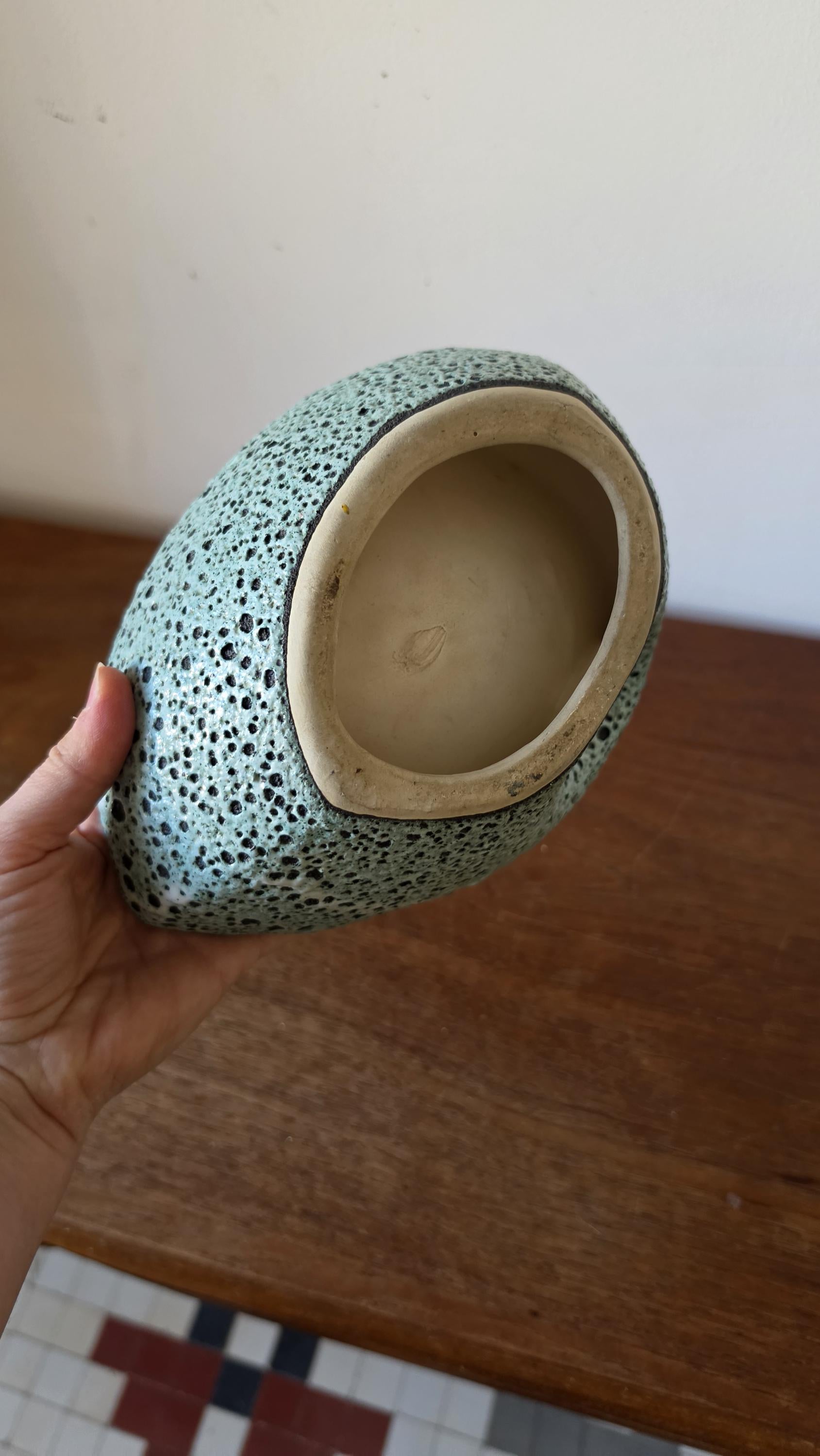 Vintage Vallauris Style Lava Glaze Bowl, Mid Century French Art Pottery Dish, Turquoise Speckled Ceramic with Red Center
