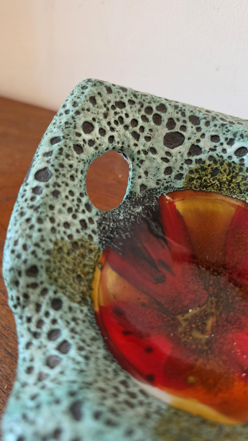 Vintage Vallauris Style Lava Glaze Bowl, Mid Century French Art Pottery Dish, Turquoise Speckled Ceramic with Red Center